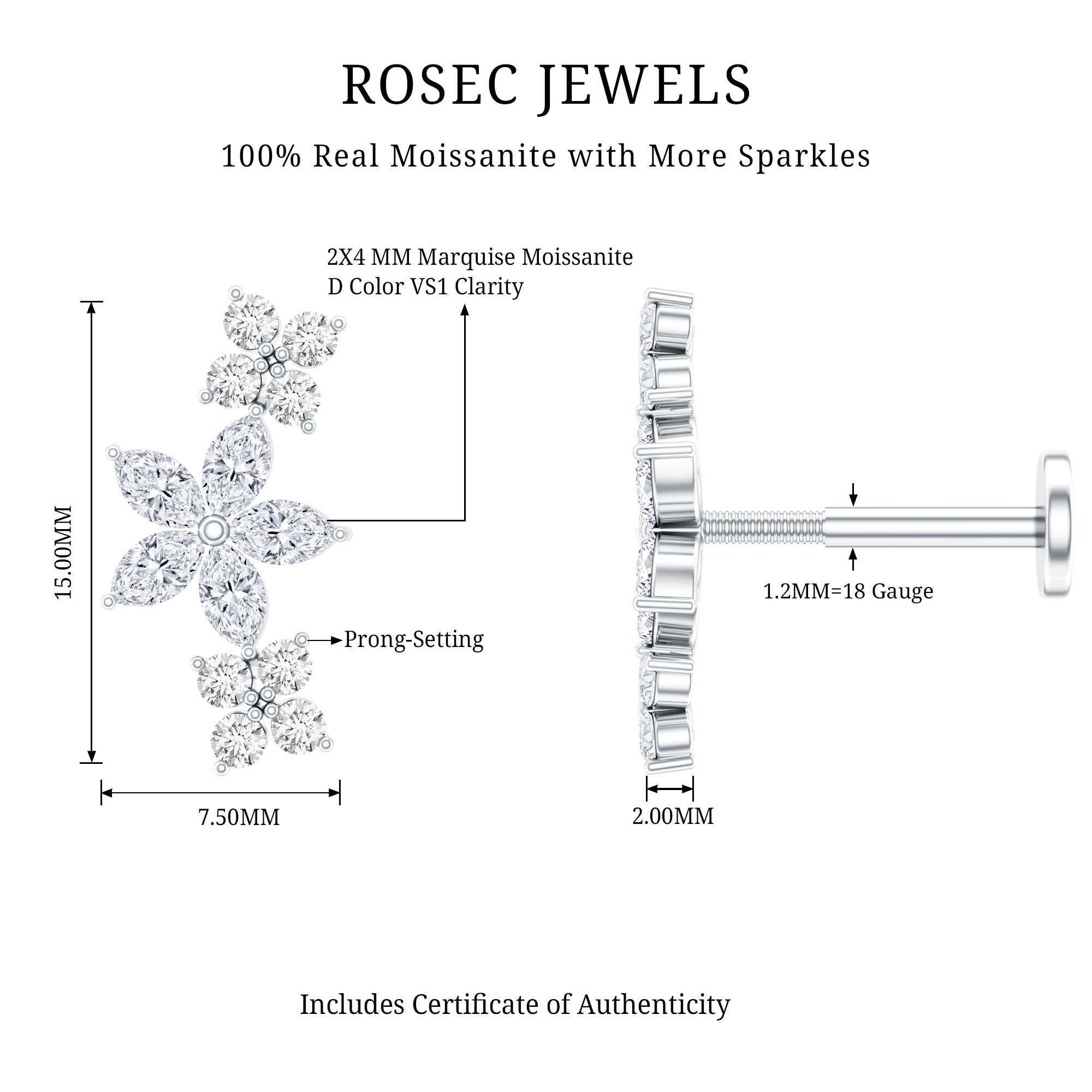 Certified Round Moissanite Flower Ear Crawler Earring