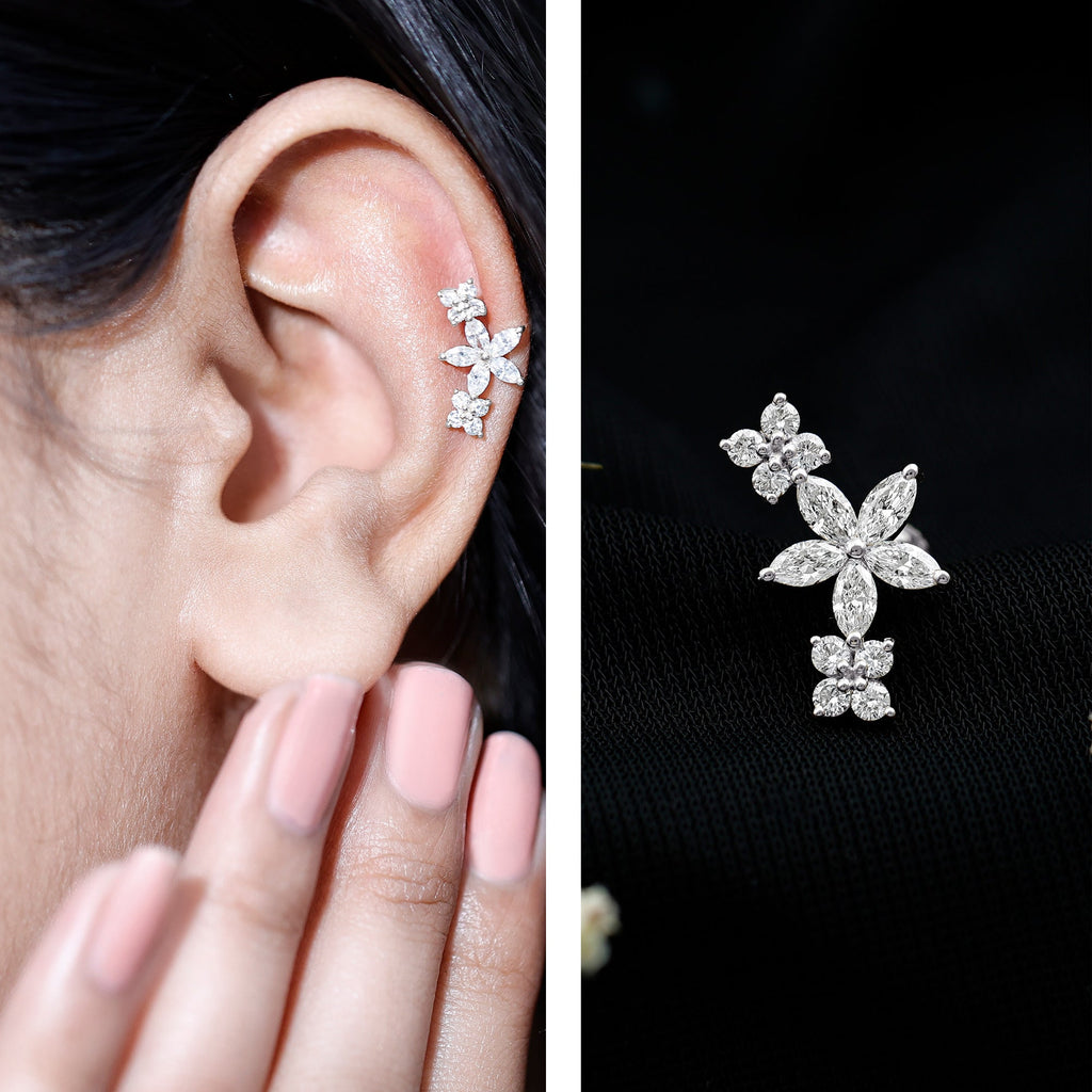 Certified Round Moissanite Flower Ear Crawler Earring
