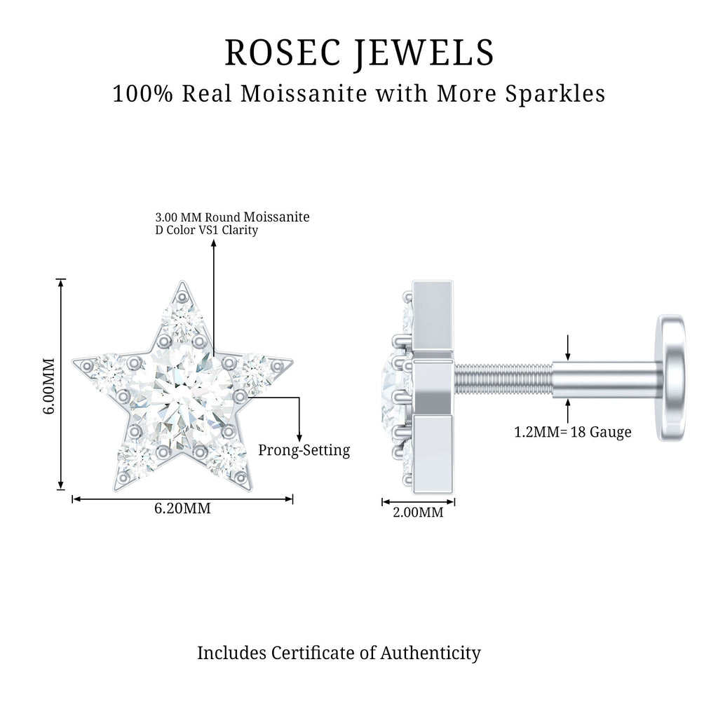 Dainty Moissanite Star Cartilage Earring with Flat Back