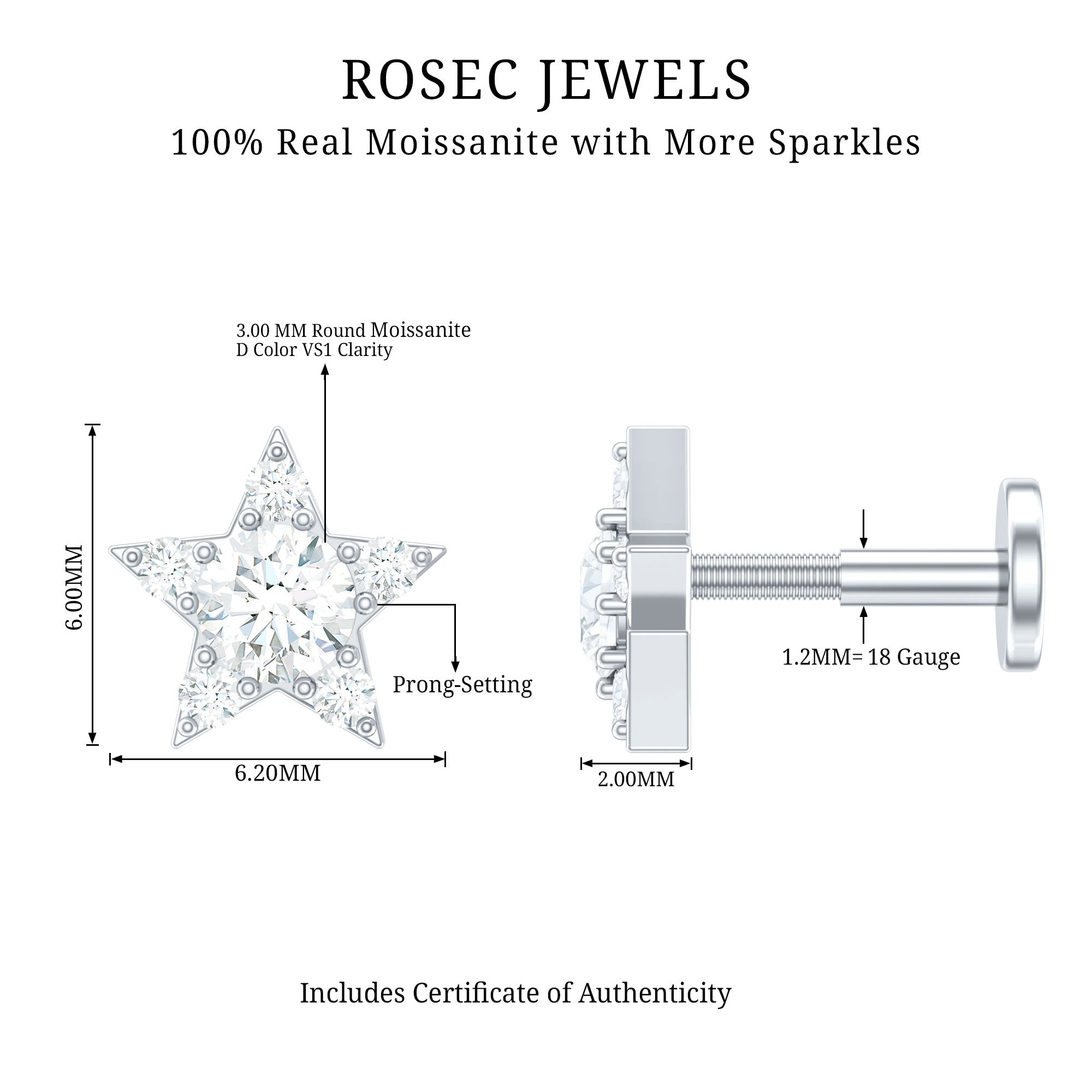 Dainty Moissanite Star Cartilage Earring with Flat Back