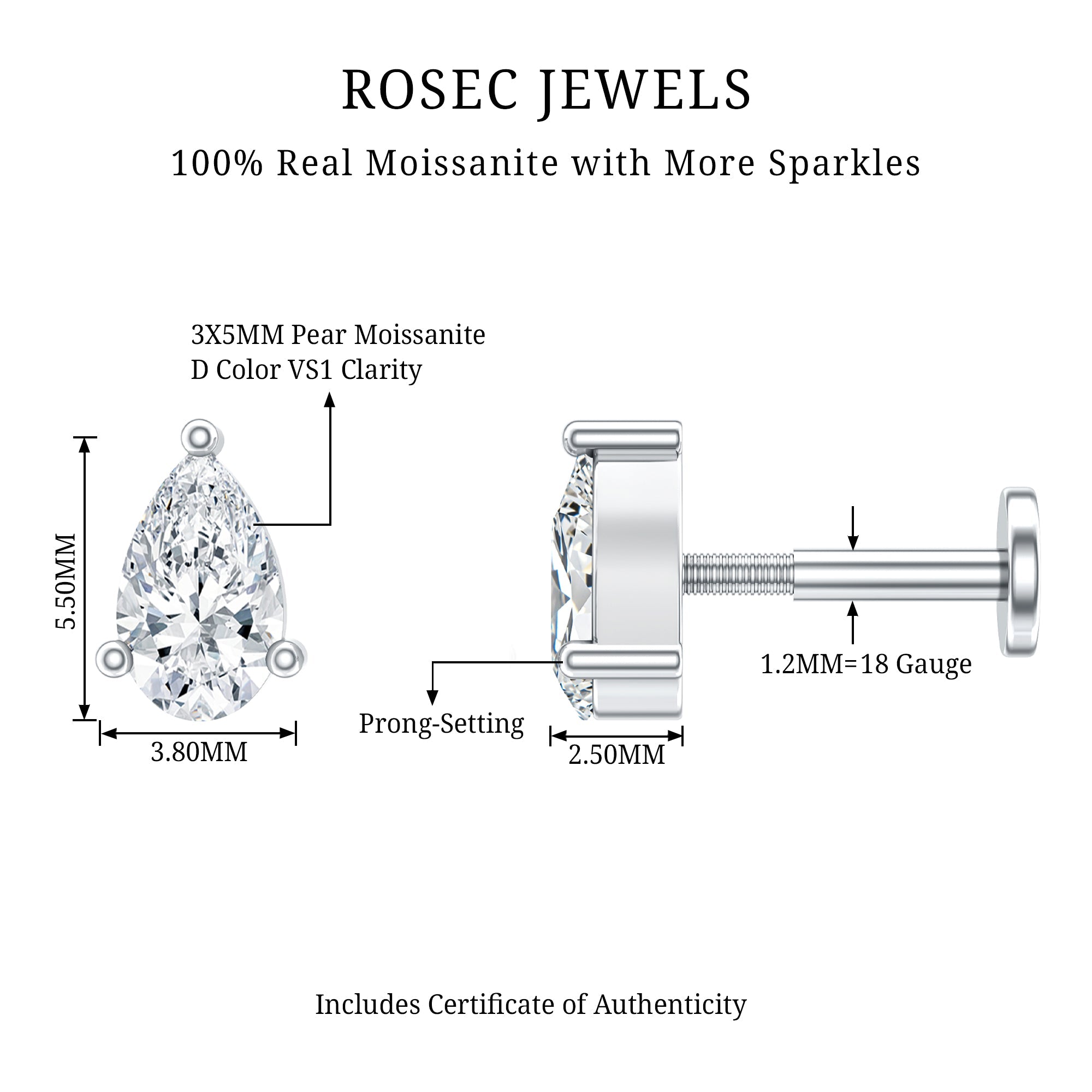 Pear Shape Moissanite Solitaire Conch Earring