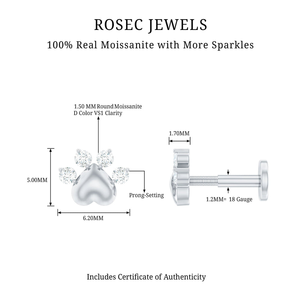 Round Moissanite Heart Paw Earring for Helix Piercing