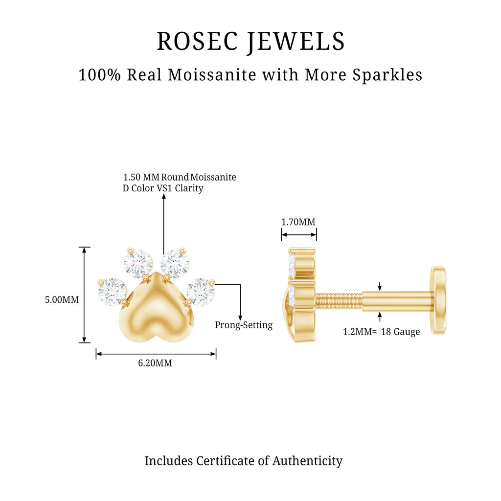 Round Moissanite Heart Paw Earring for Helix Piercing