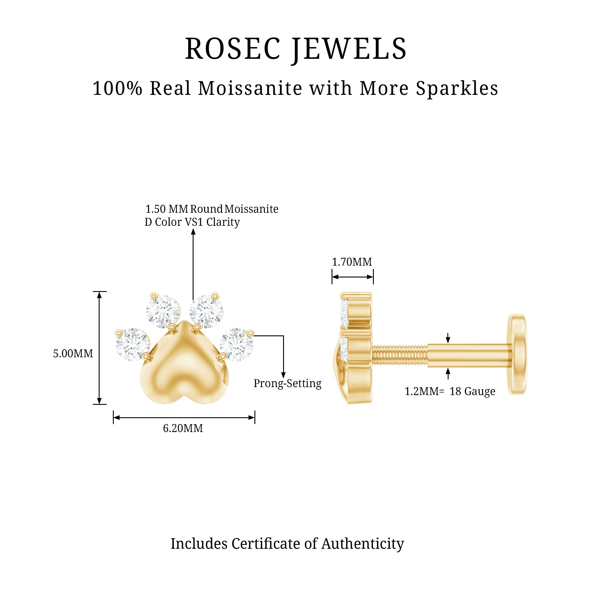 Round Moissanite Heart Paw Earring for Helix Piercing