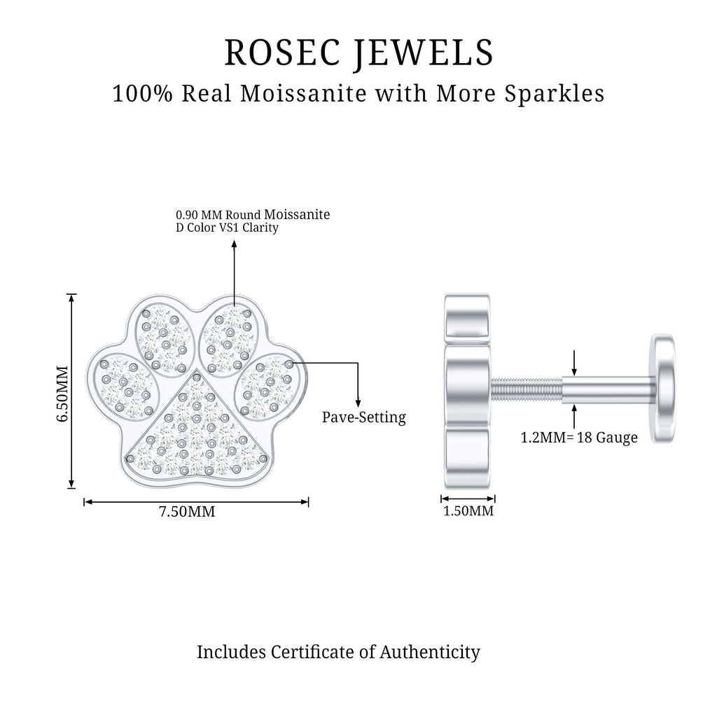 Moissanite Dog Paw Print Earring for Cartilage Piercing