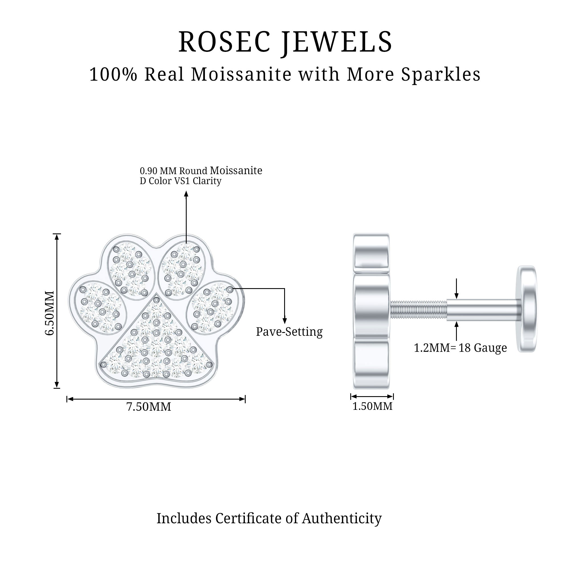 Moissanite Dog Paw Print Earring for Cartilage Piercing