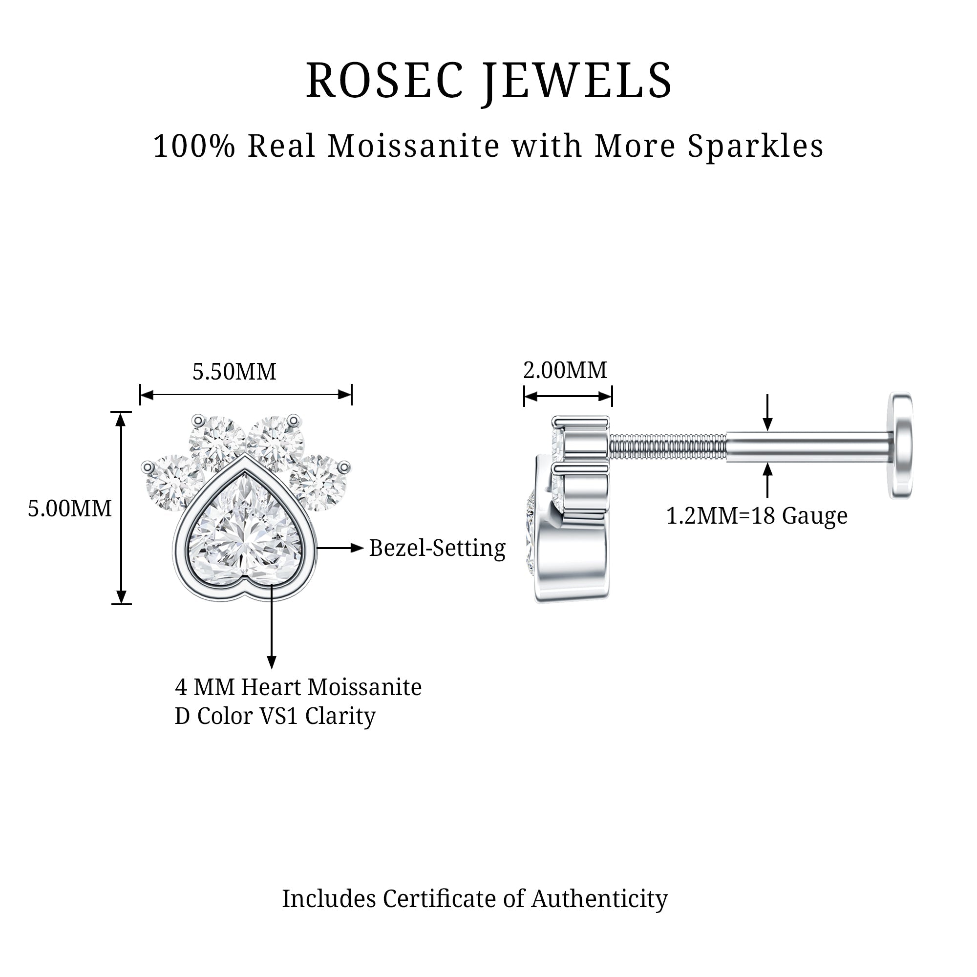 Round and Heart Shape Moissanite Paw Helix Earring