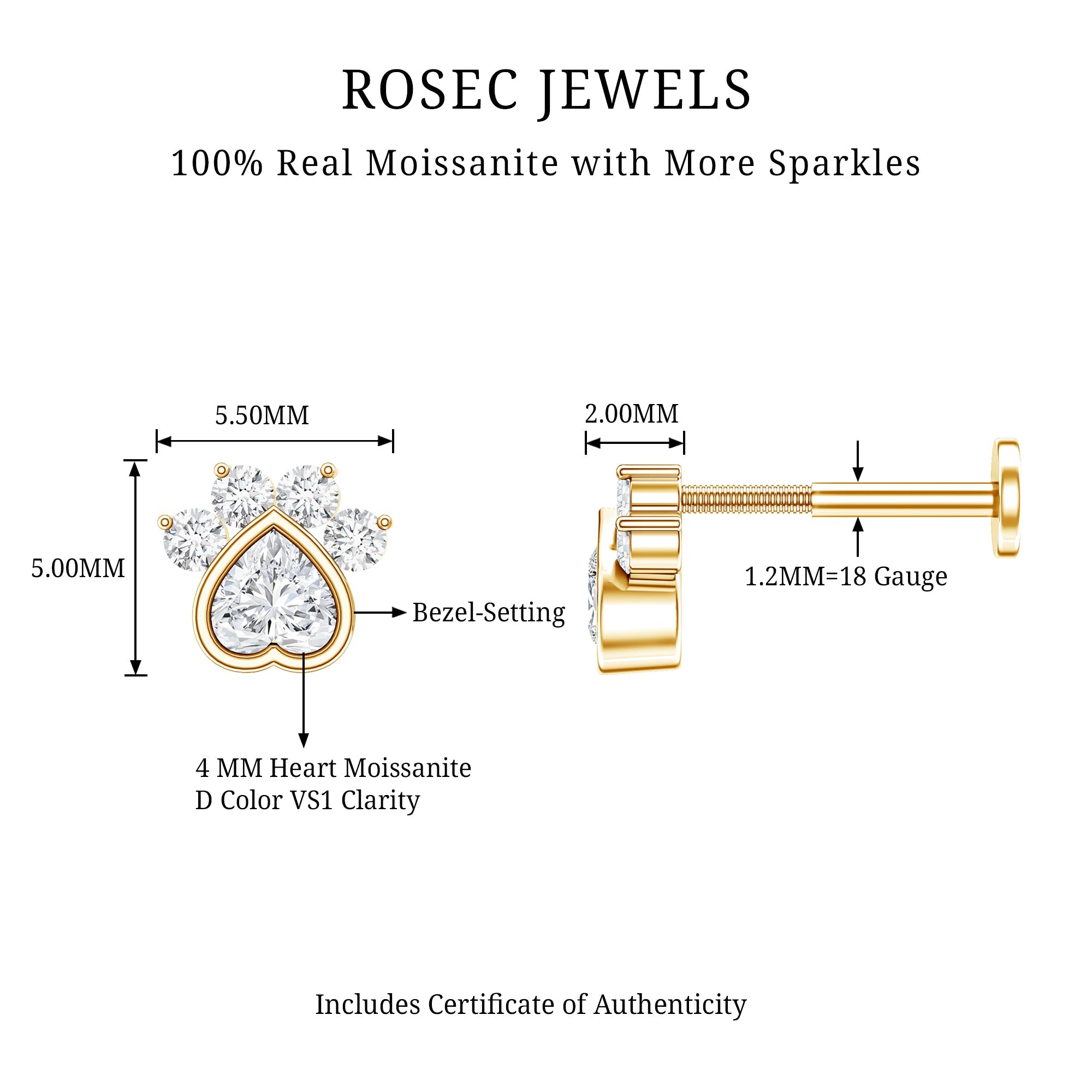 Round and Heart Shape Moissanite Paw Helix Earring