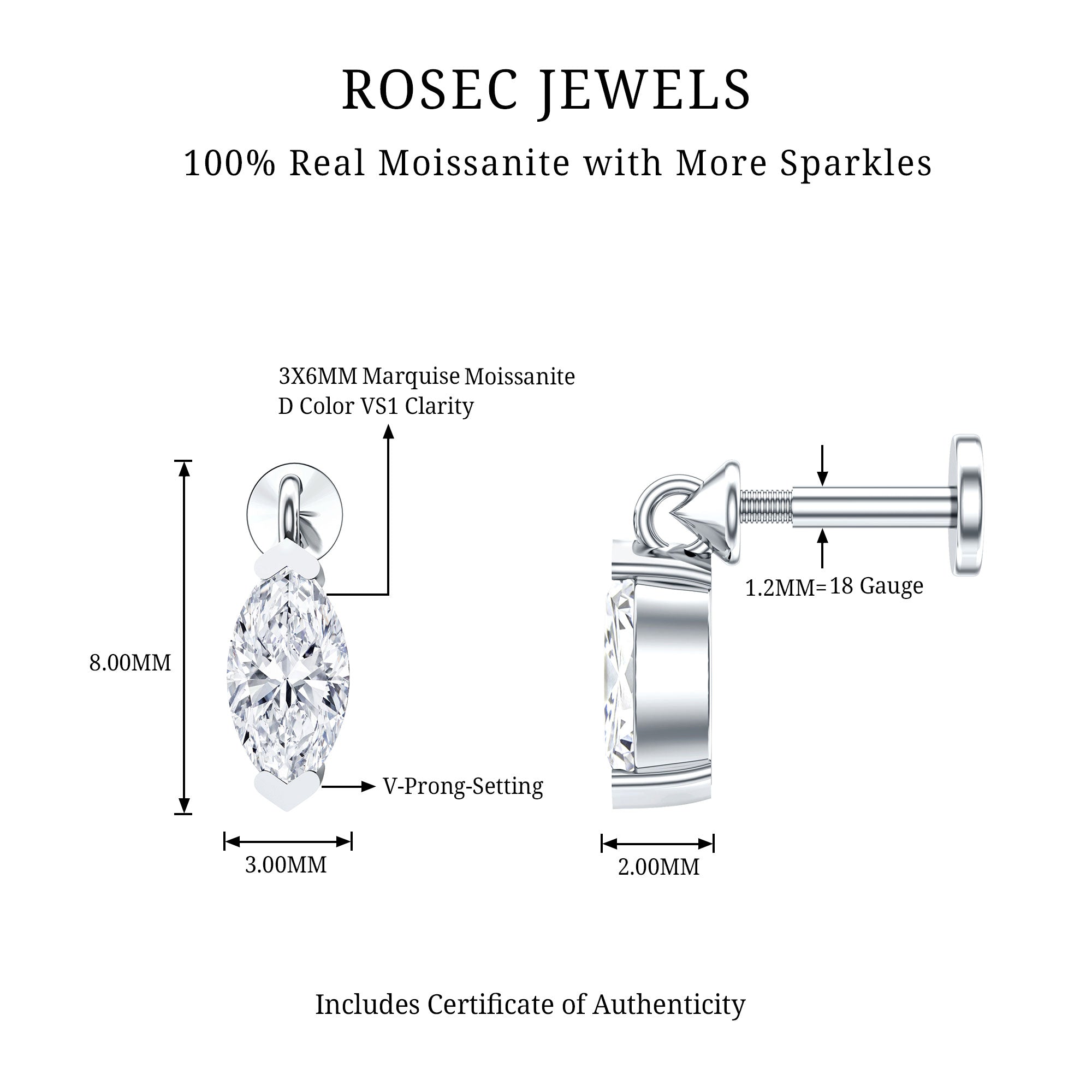 Marquise Moissanite Drop Earring for Tragus Piercing