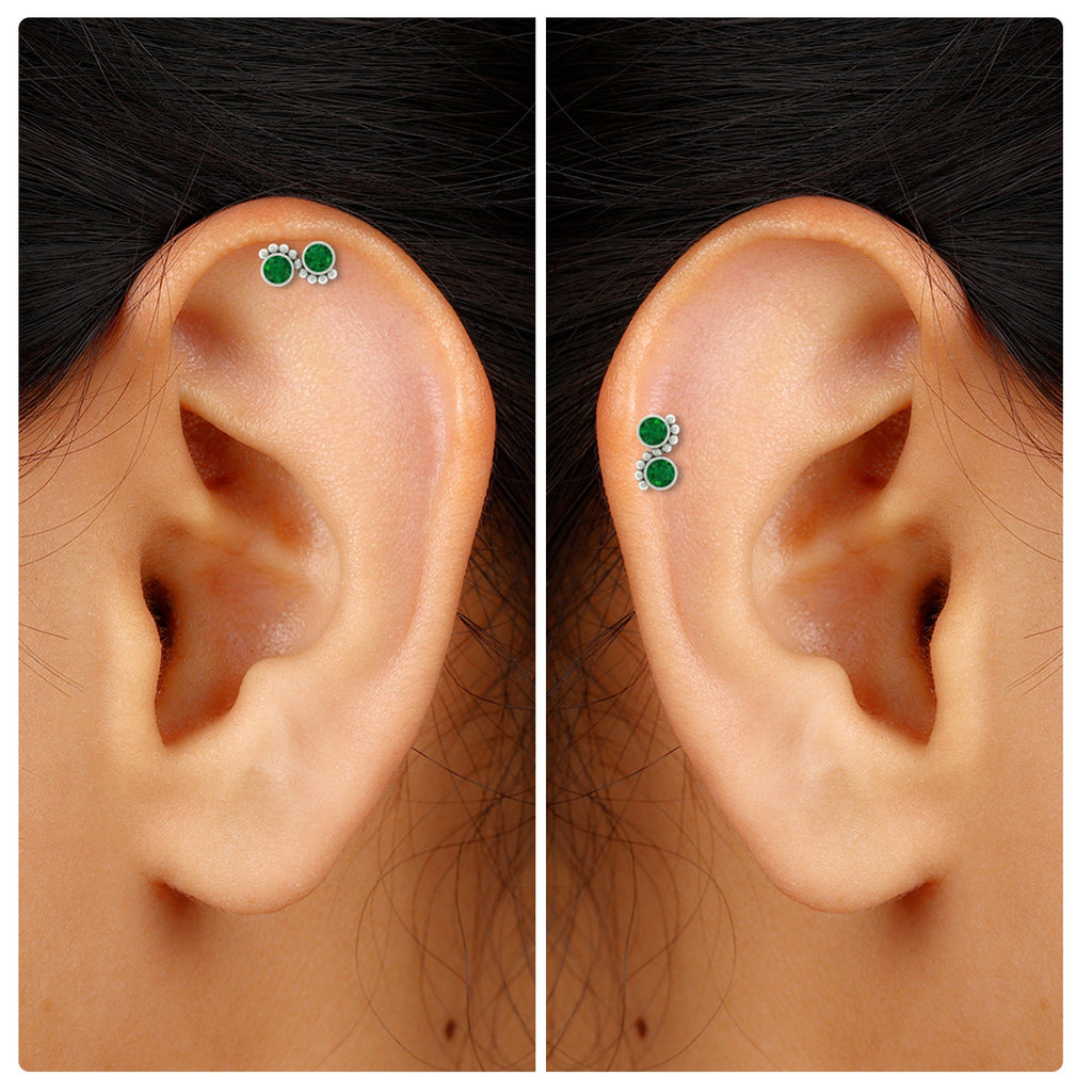 Bezel Set Emerald Two Stone Helix Earring with Beaded Detailing