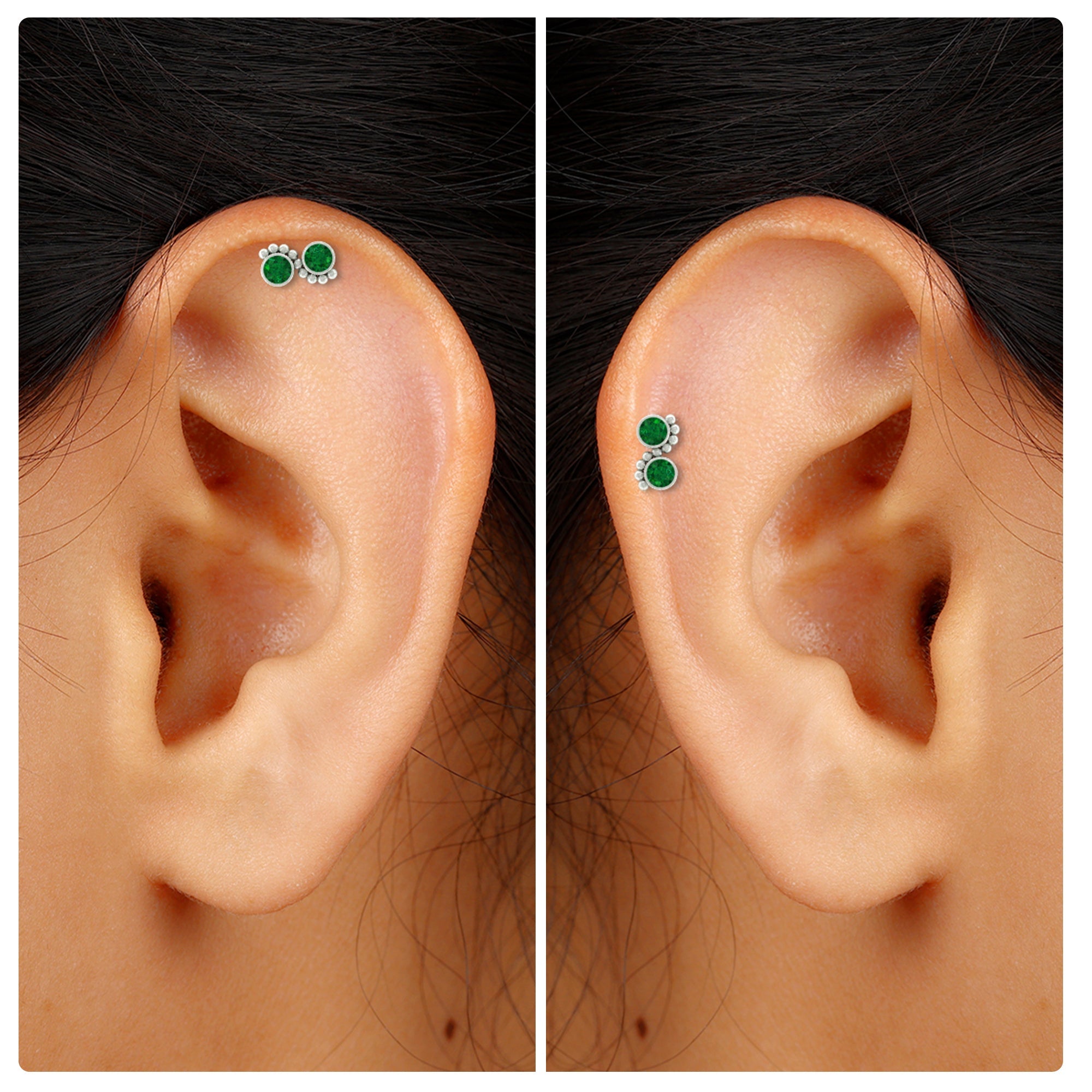 Bezel Set Emerald Two Stone Helix Earring with Beaded Detailing