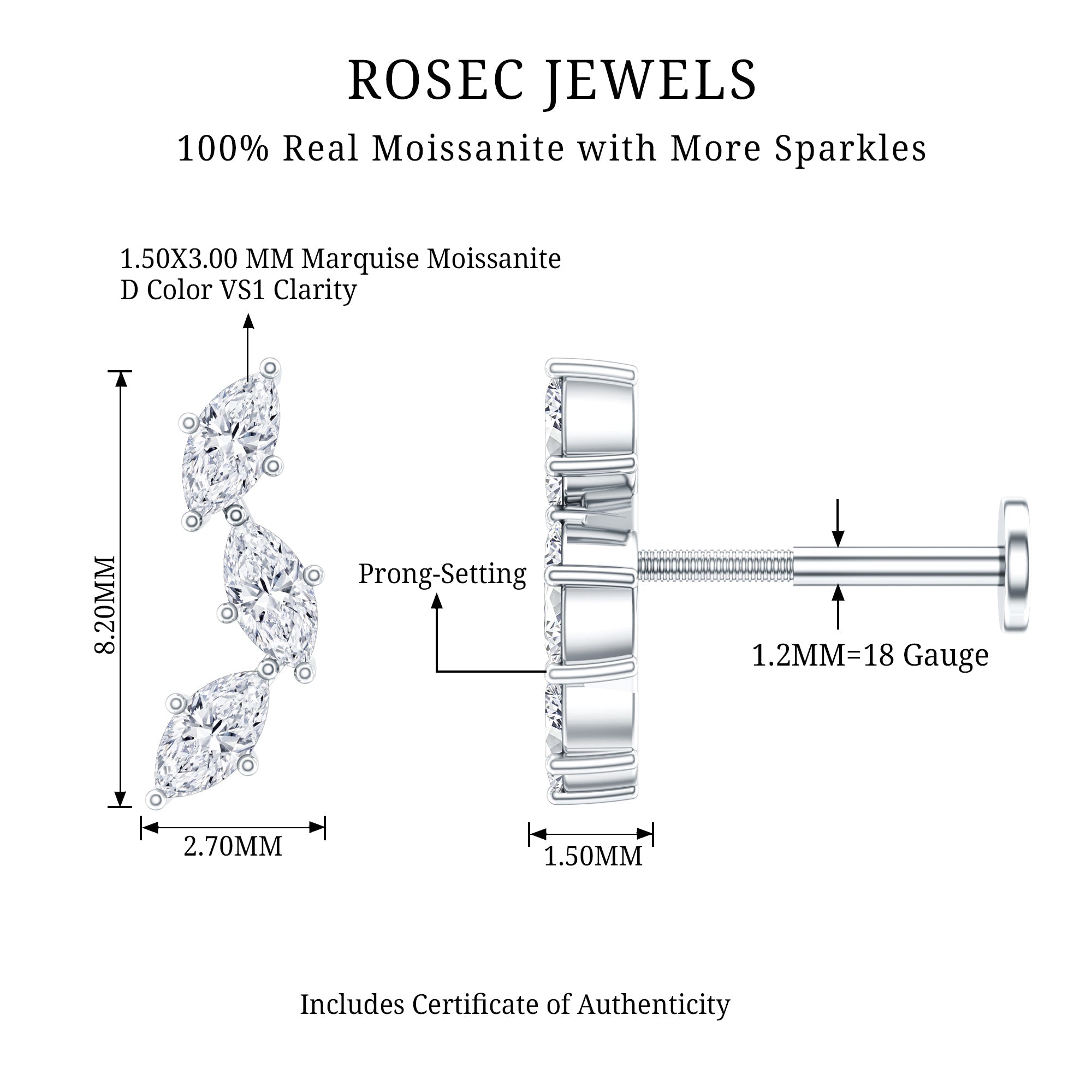 Marquise Cut Moissanite 3 Stone Tragus Earring