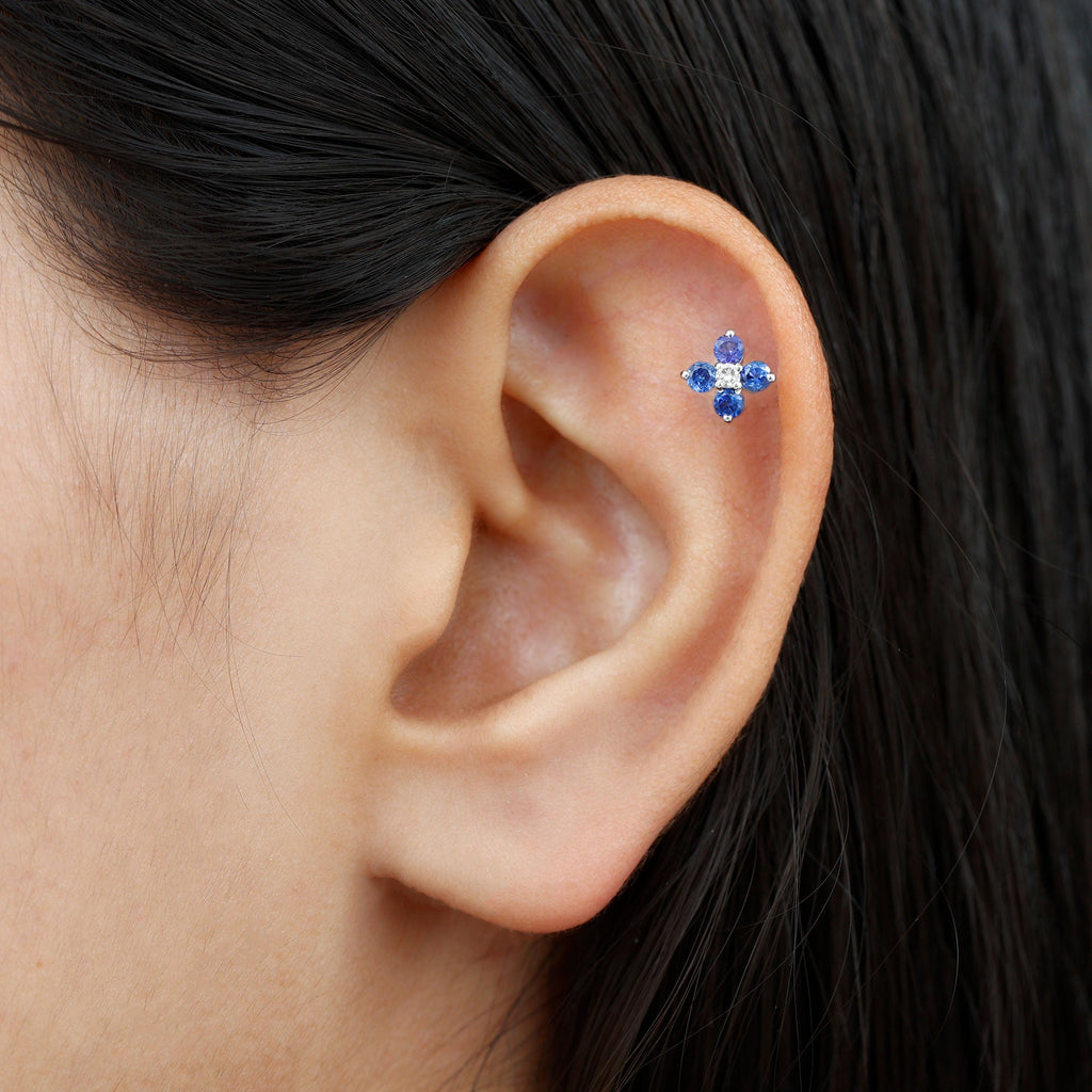 Natural Blue Sapphire Flower Earring for Rook Piercing