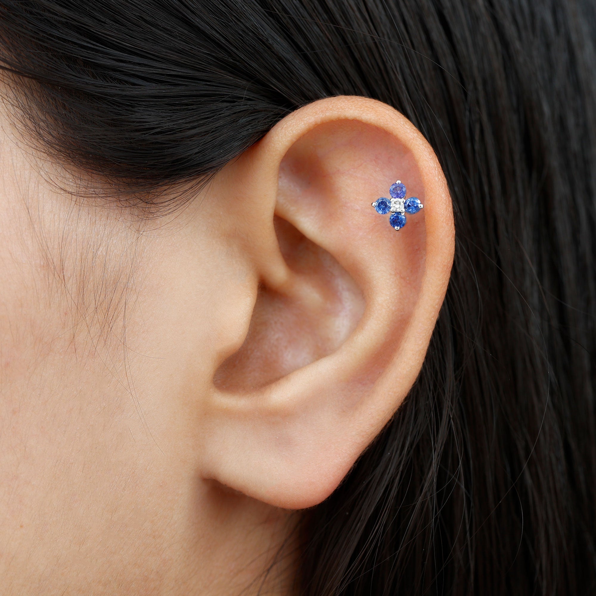 Natural Blue Sapphire Flower Earring for Rook Piercing
