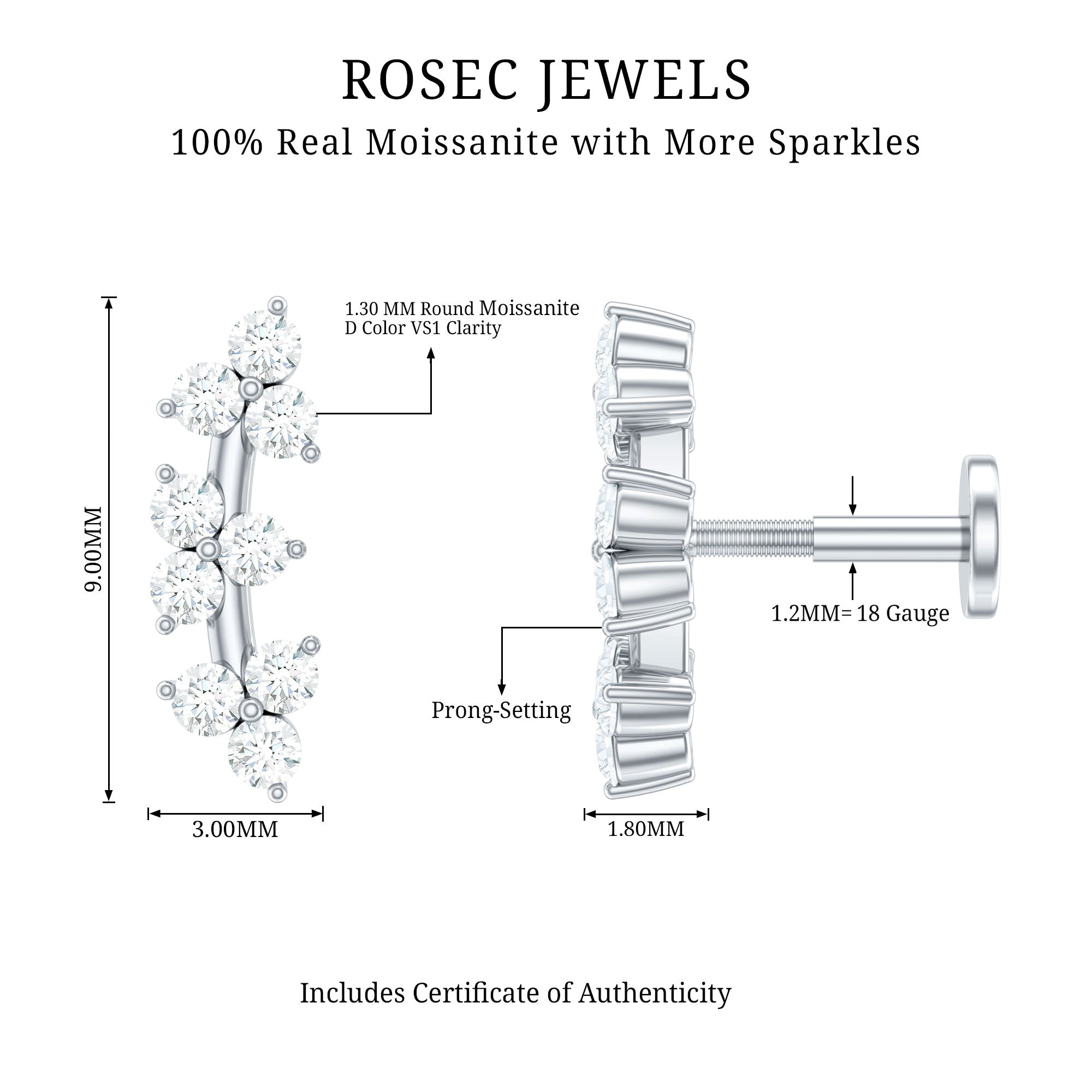 Unique Moissanite Cartilage Climber Earring