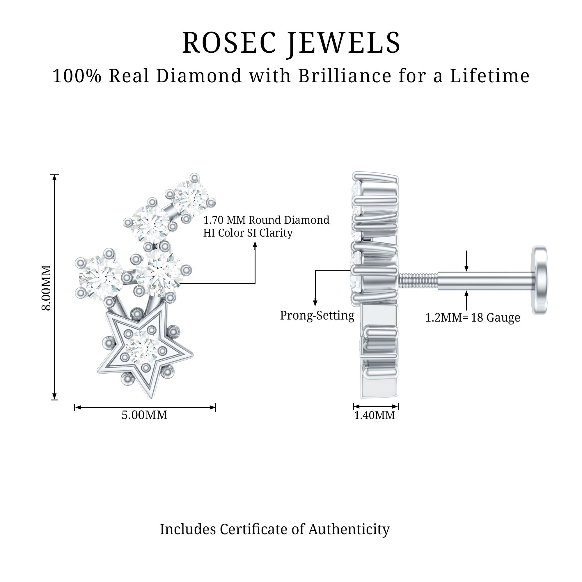 Natural Diamond Star Crawler Earring for Helix Piercing