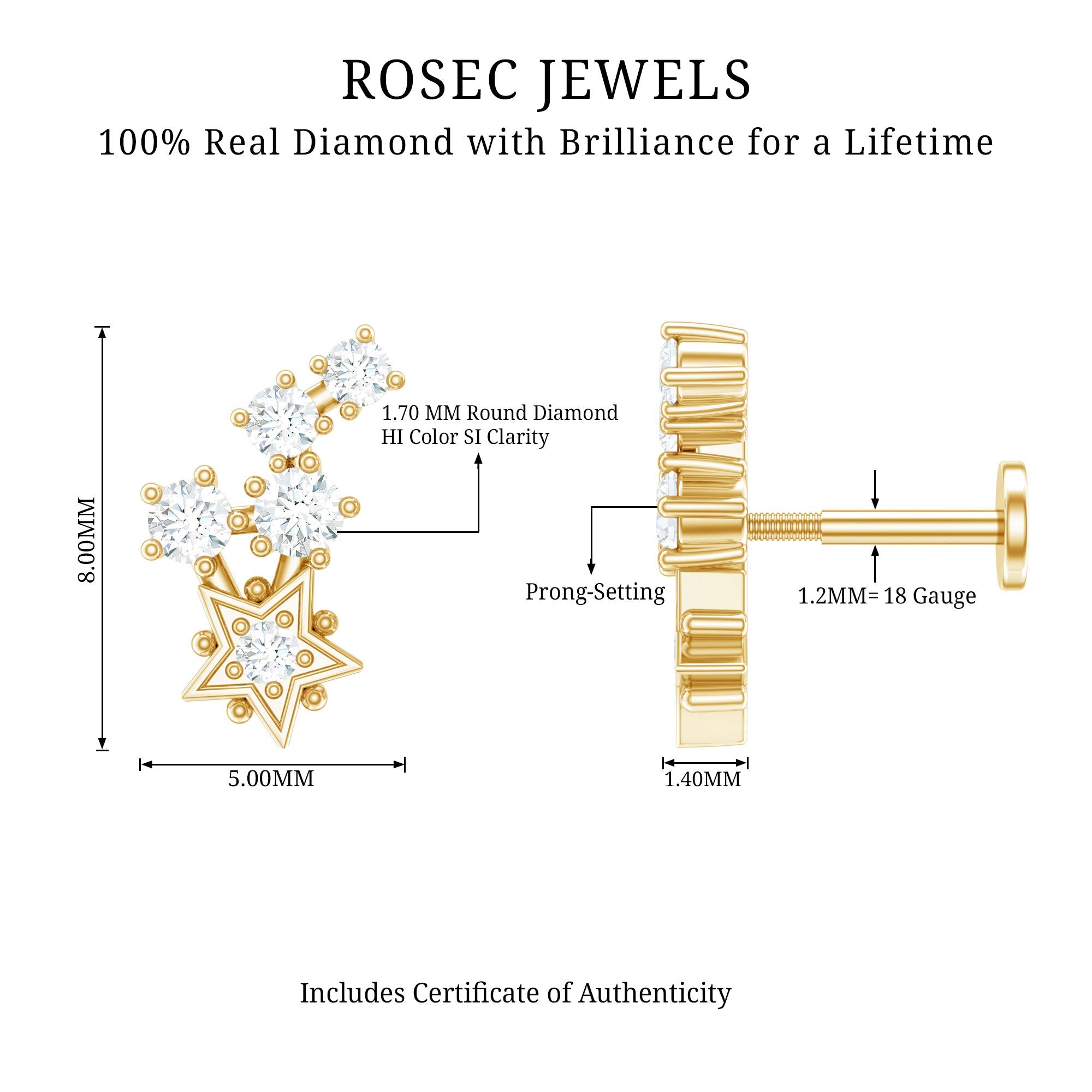 Natural Diamond Star Crawler Earring for Helix Piercing