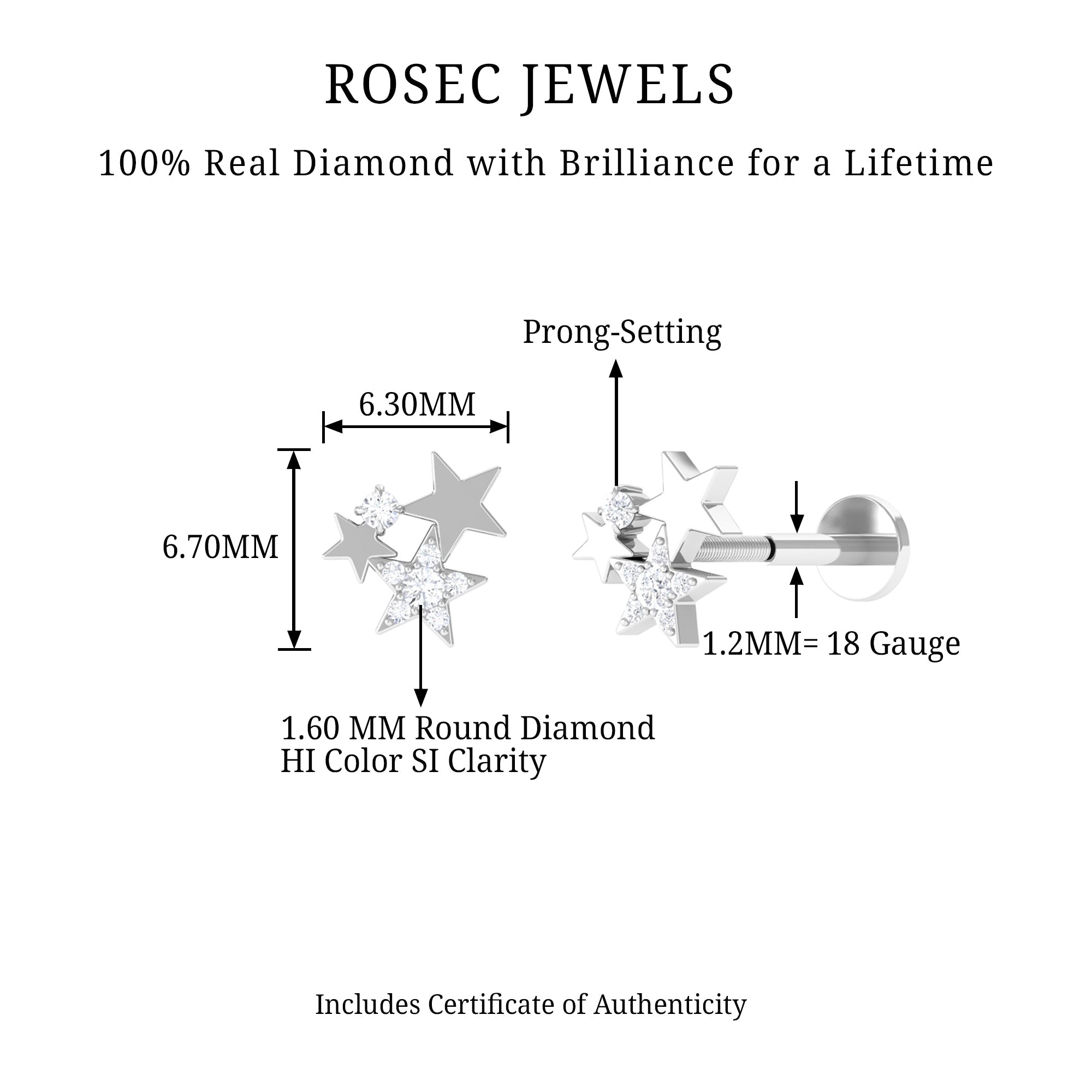 Round Cut Natural Diamond Star Cartilage Earring