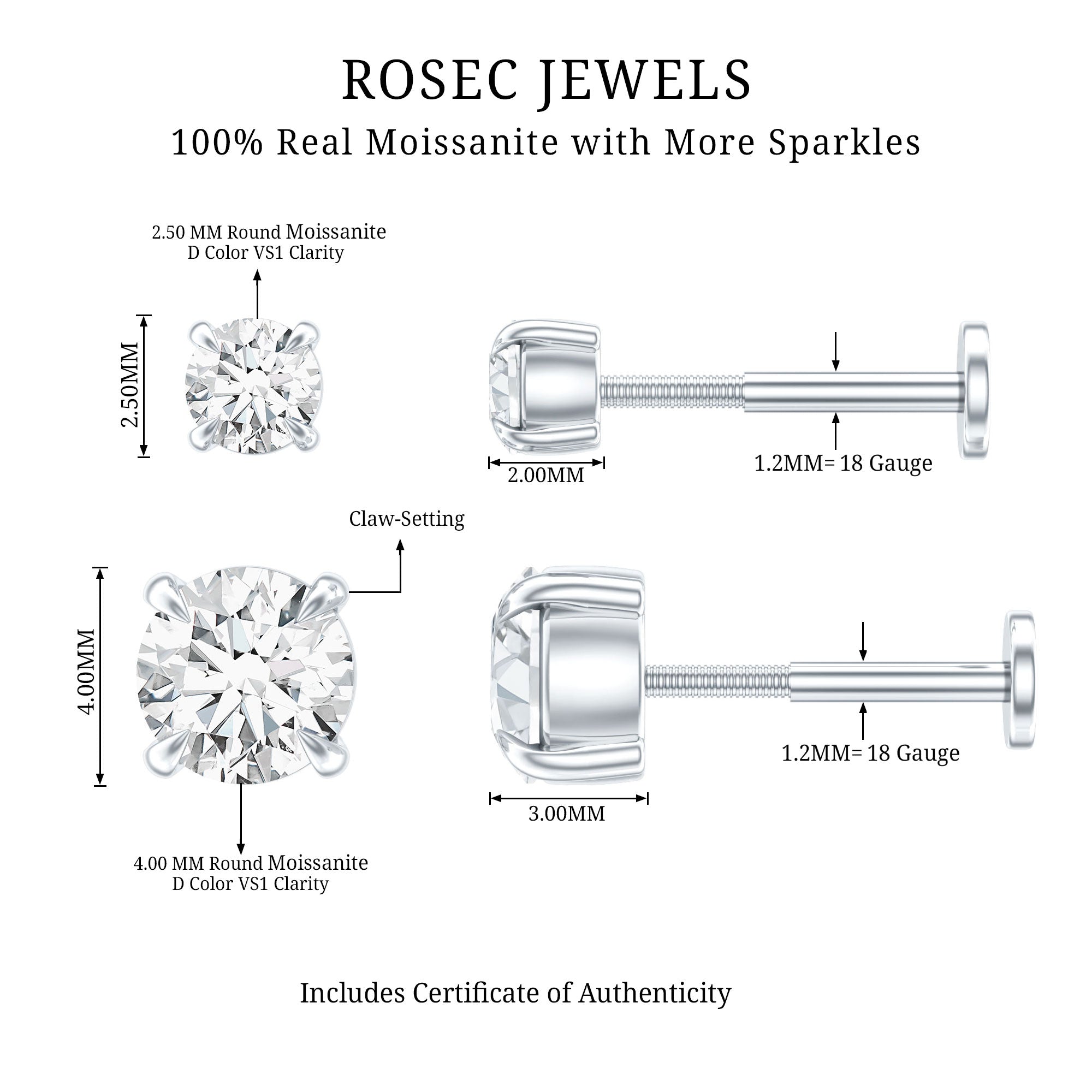 Solitaire Round Cut Moissanite Earring Set for Helix Piercing