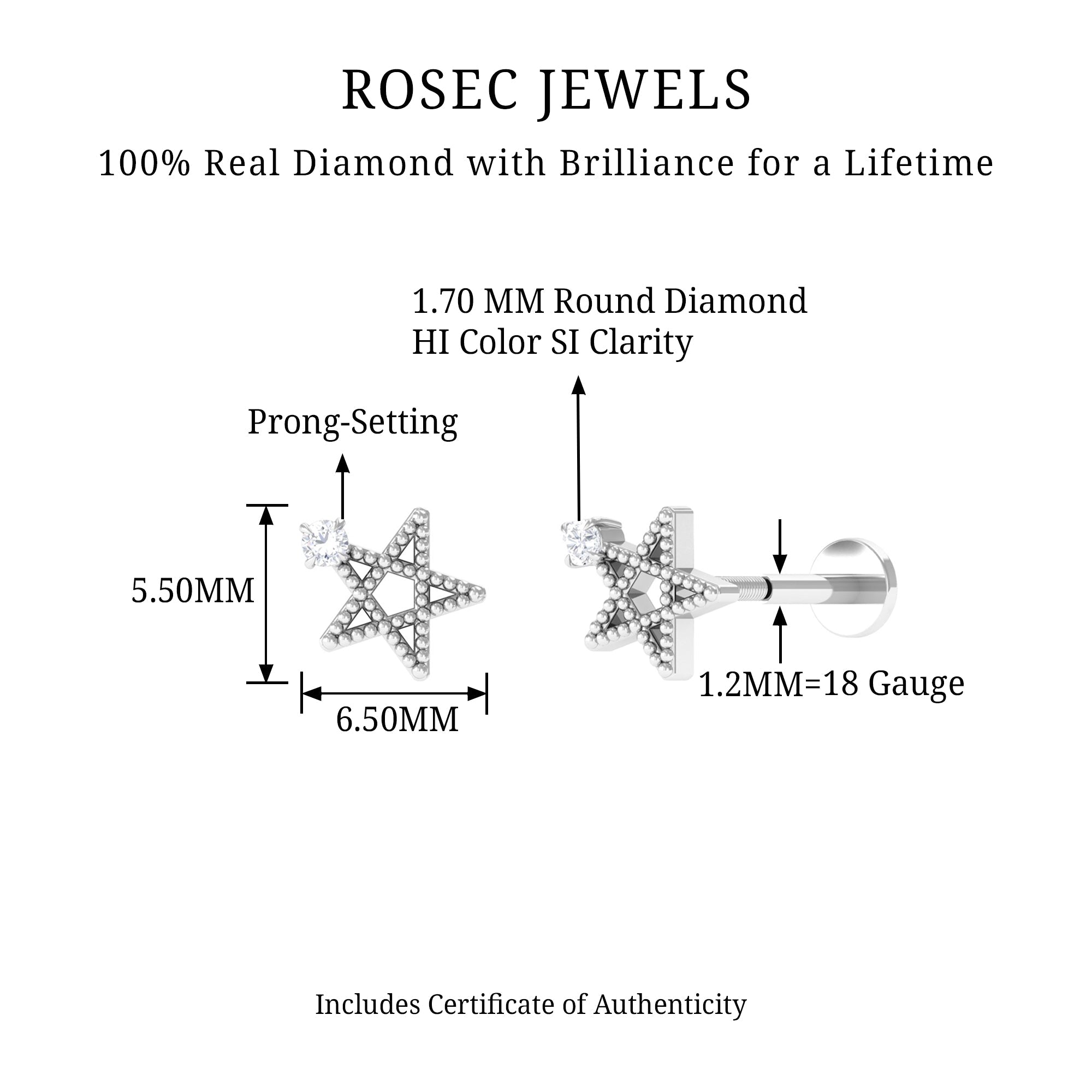 Natural Diamond Star Cartilage Earring with Beaded Detail