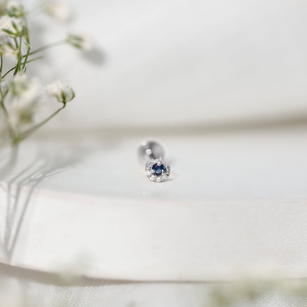 Dainty Blue Sapphire and Diamond Moon Helix Earring