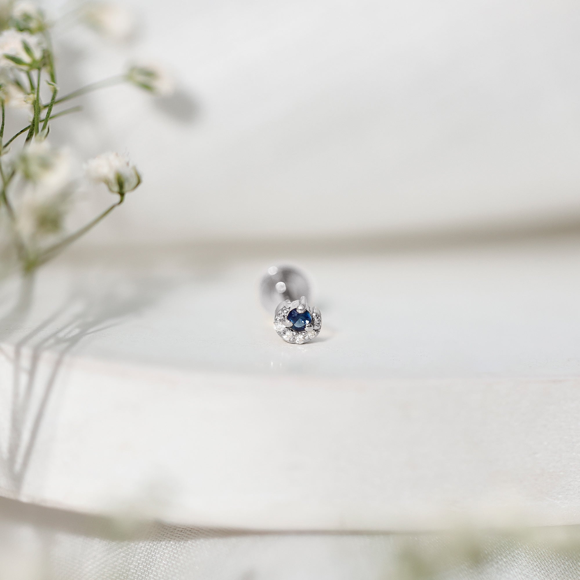 Dainty Blue Sapphire and Diamond Moon Helix Earring