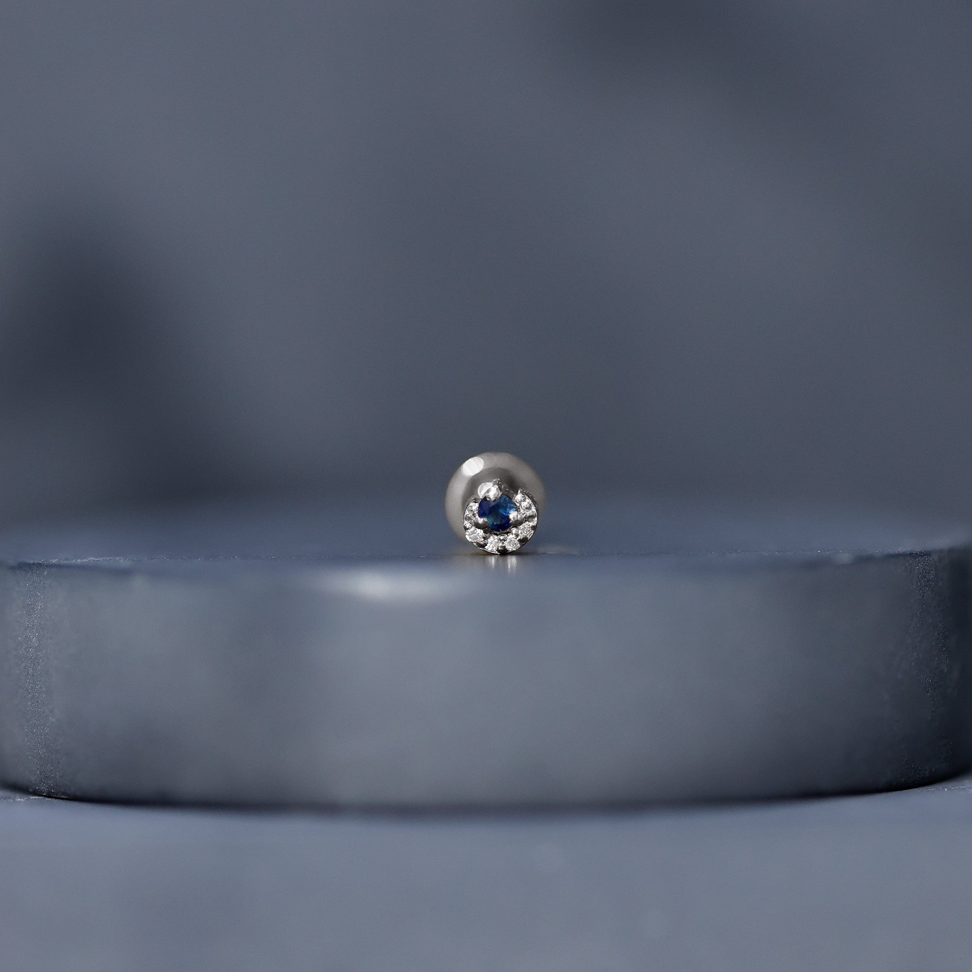 Dainty Blue Sapphire and Diamond Moon Helix Earring