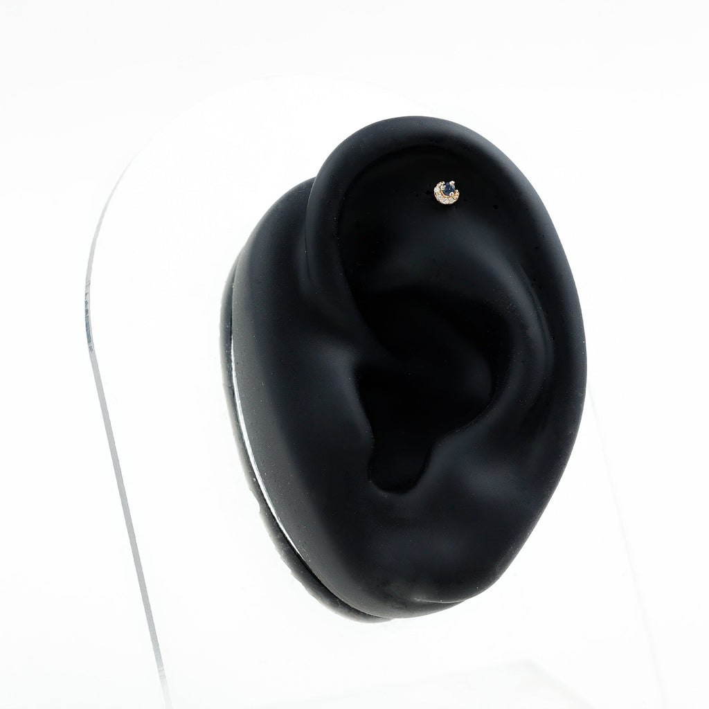 Dainty Blue Sapphire and Diamond Moon Helix Earring