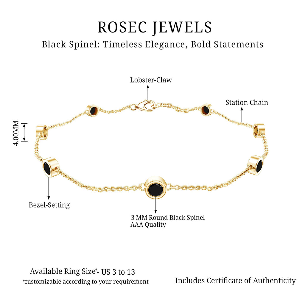 Natural Black Spinel 7 Stone Station Chain Bracelet