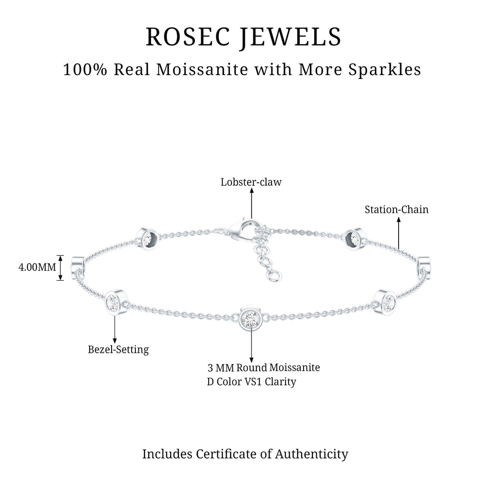 Round Cut Certified Moissanite Chain Bracelet in Bezel Setting