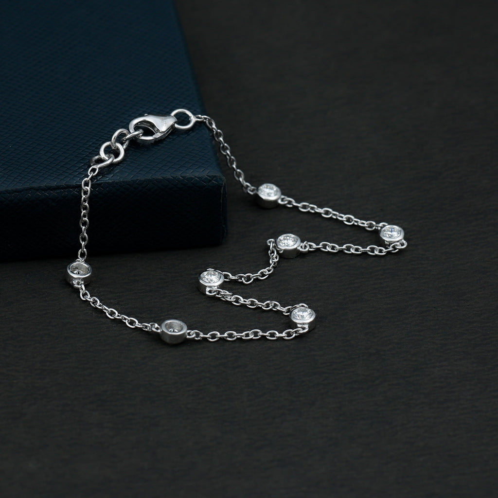 Round Cut Certified Moissanite Chain Bracelet in Bezel Setting