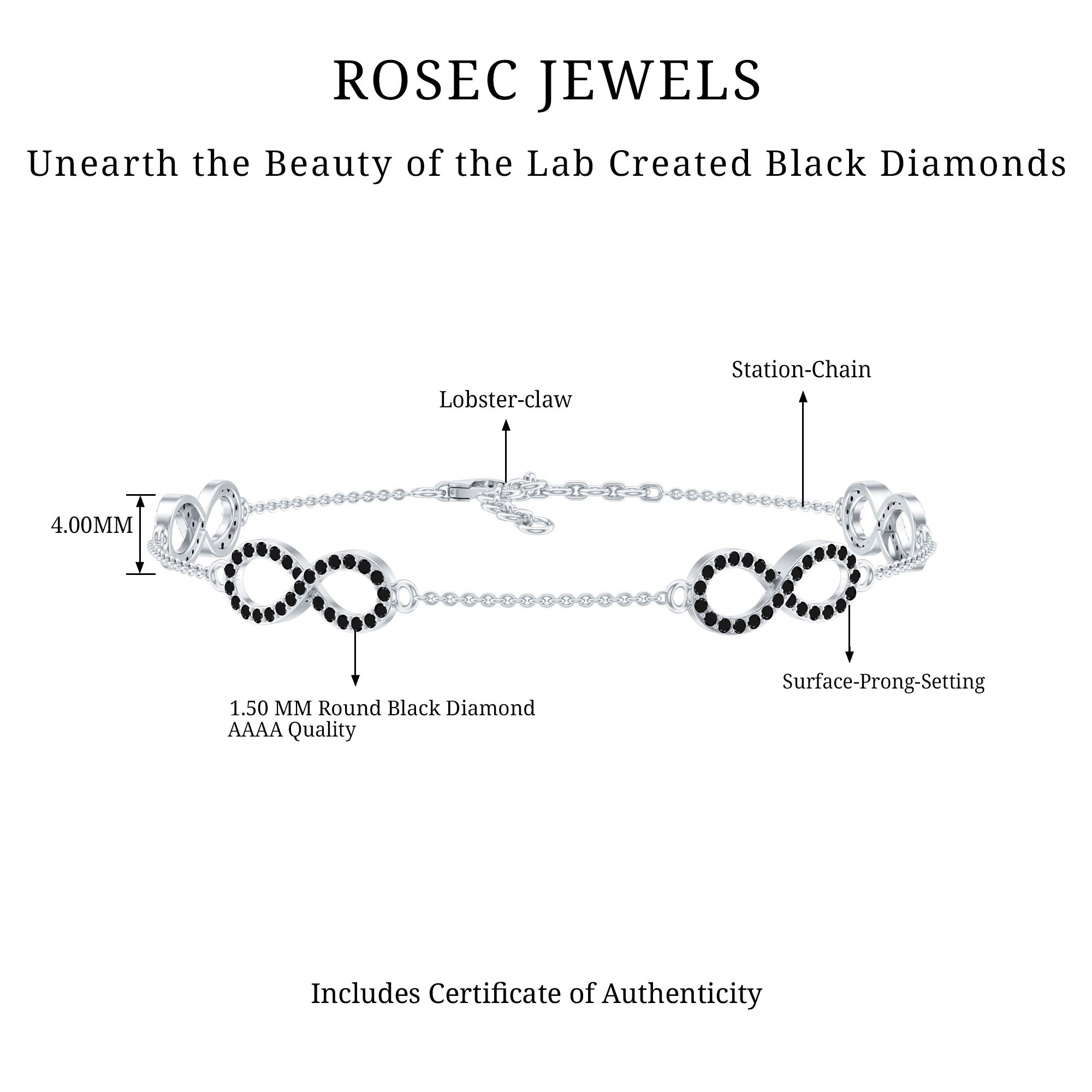 Certified Lab Grown Black Diamond Infinity Chain Bracelet