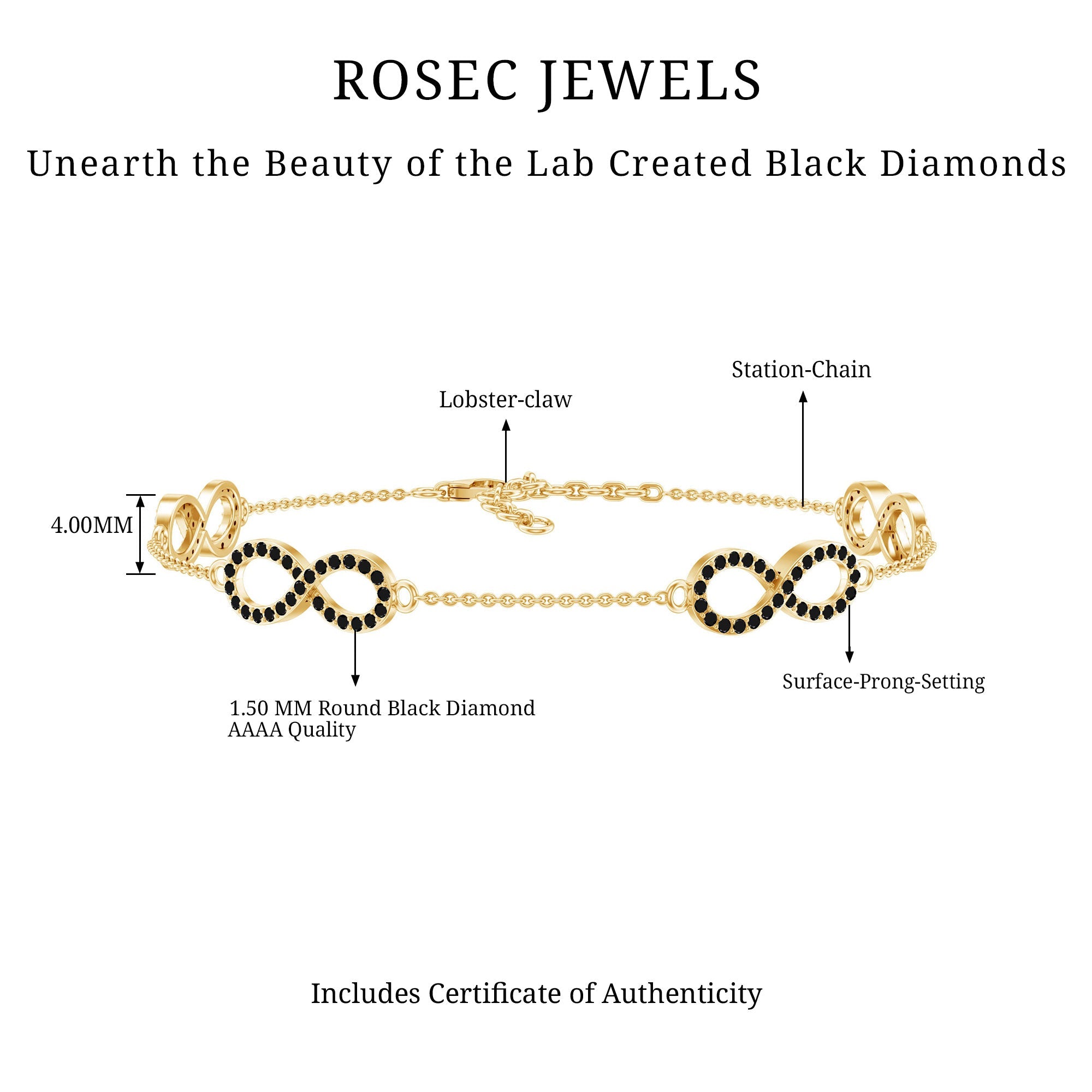 Certified Lab Grown Black Diamond Infinity Chain Bracelet