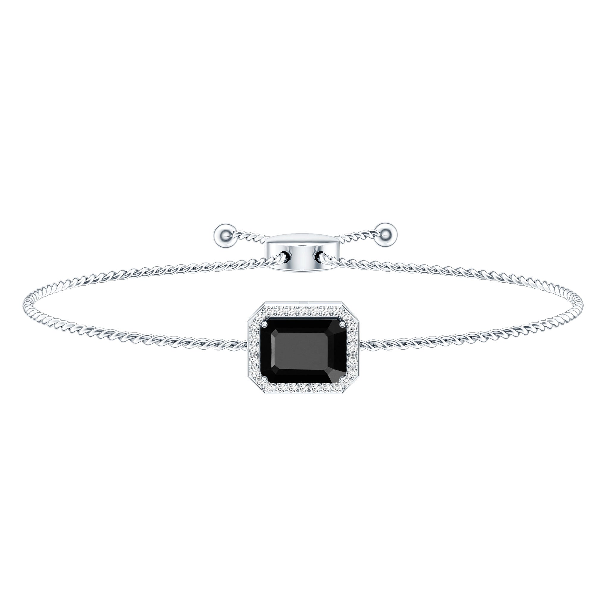 Natural 1.8 Carat Emerald Cut Black Onyx Bolo Bracelet with Diamond Halo