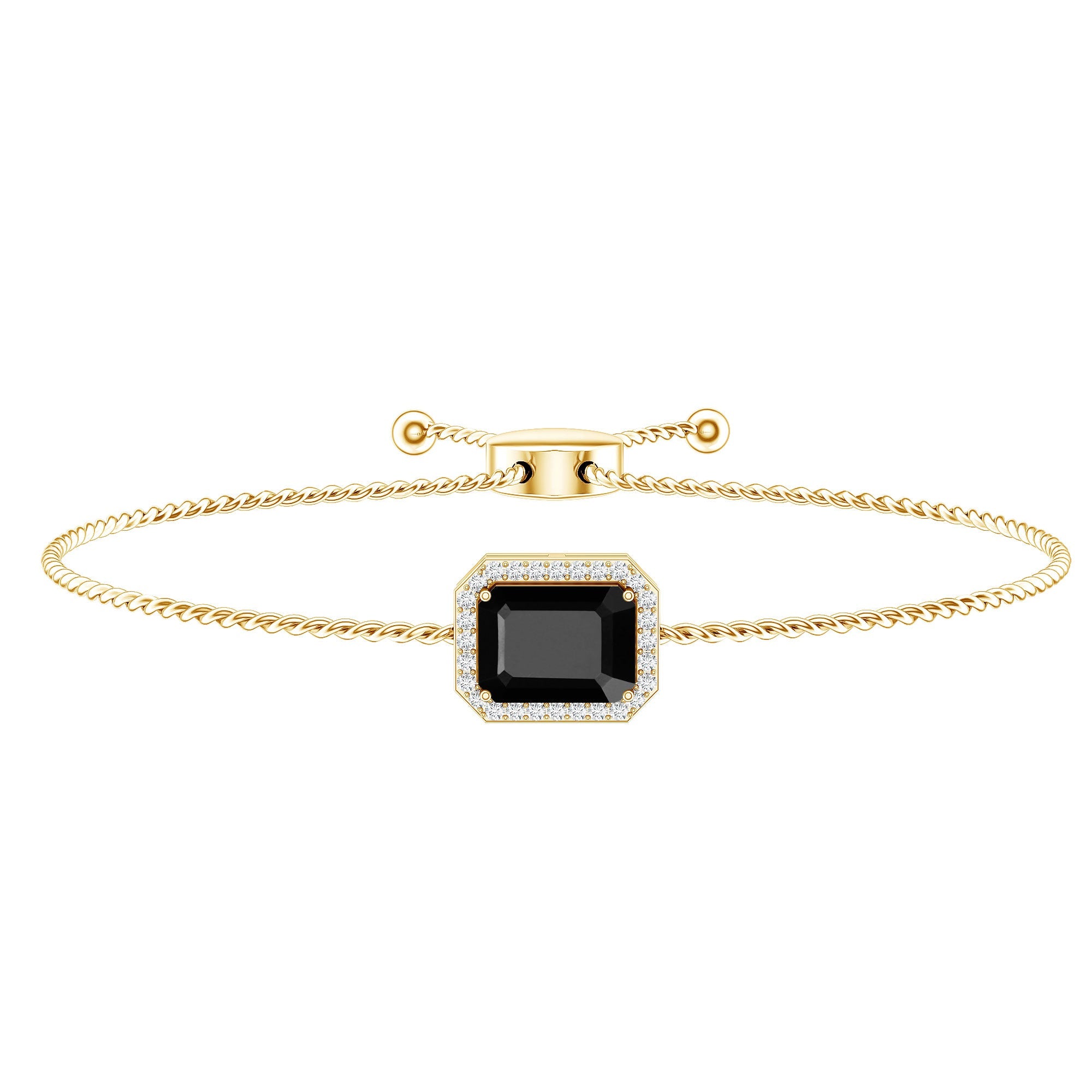 Natural 1.8 Carat Emerald Cut Black Onyx Bolo Bracelet with Diamond Halo