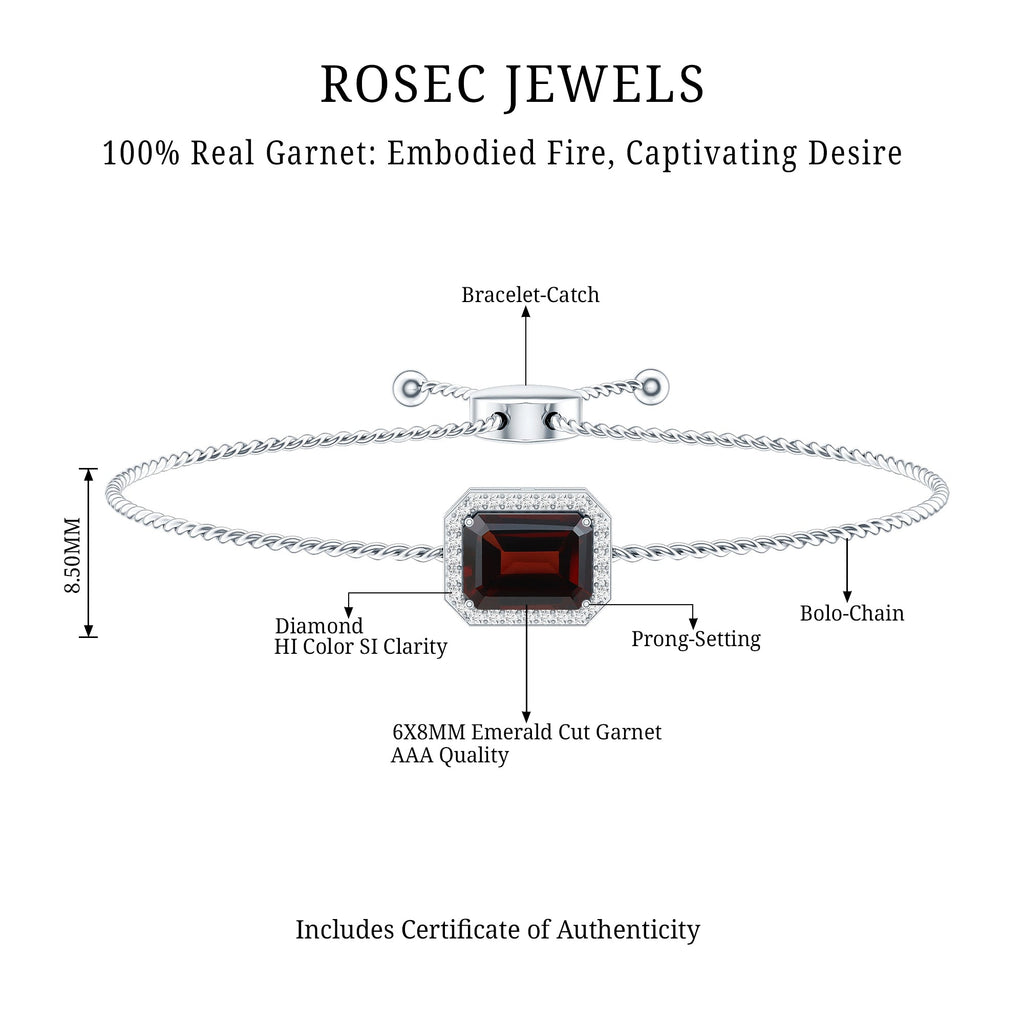 Real 2 Carat Emerald Cut Garnet Bolo Bracelet with Diamond Halo