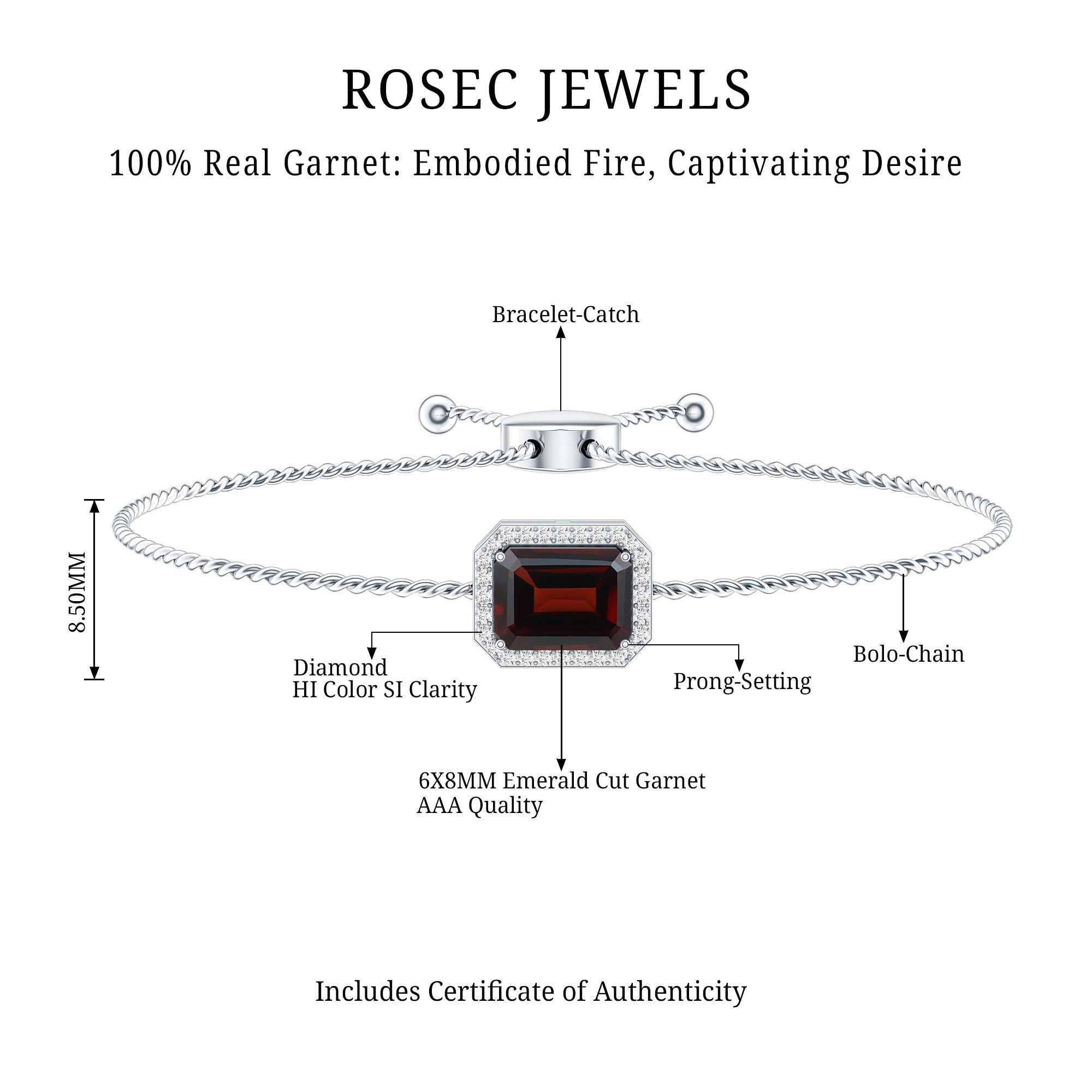 Real 2 Carat Emerald Cut Garnet Bolo Bracelet with Diamond Halo