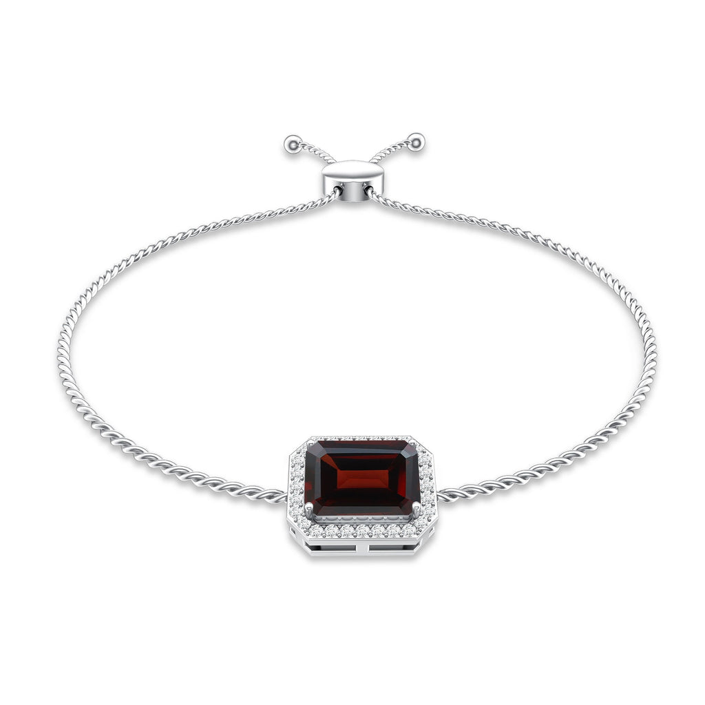 Real 2 Carat Emerald Cut Garnet Bolo Bracelet with Diamond Halo