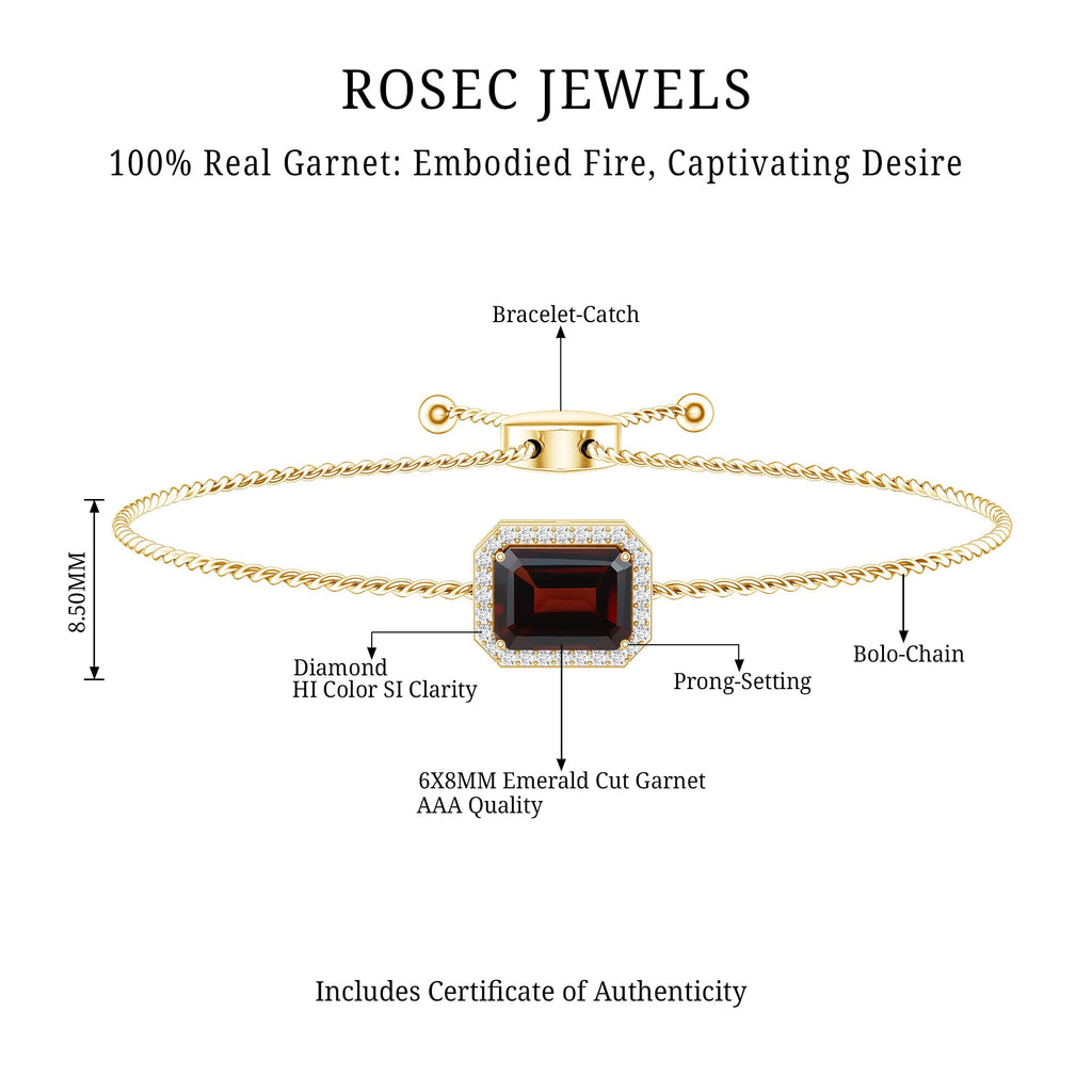 Real 2 Carat Emerald Cut Garnet Bolo Bracelet with Diamond Halo