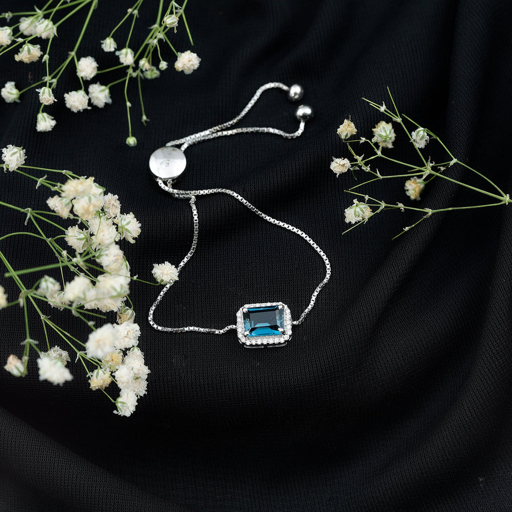 Emerald Cut London Blue Topaz and Diamond Bolo Chain Bracelet