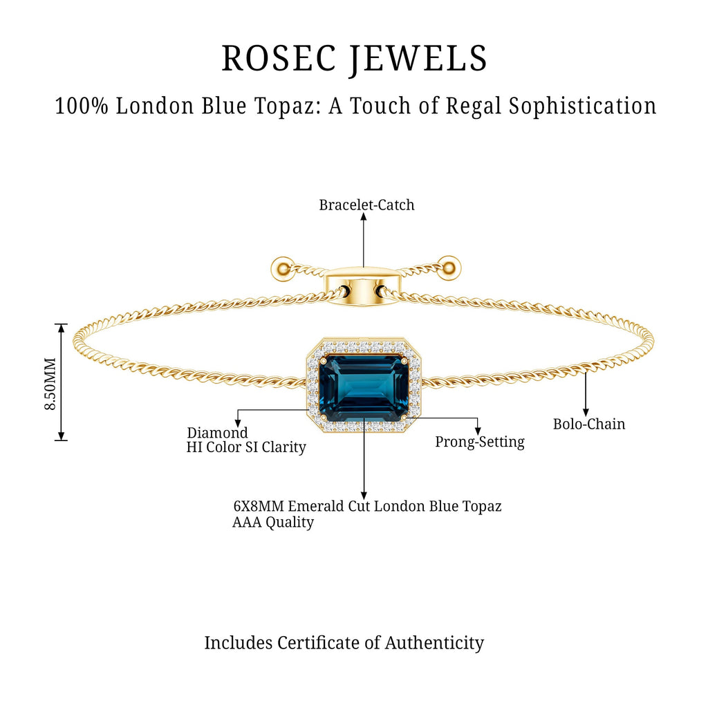 Emerald Cut London Blue Topaz and Diamond Bolo Chain Bracelet