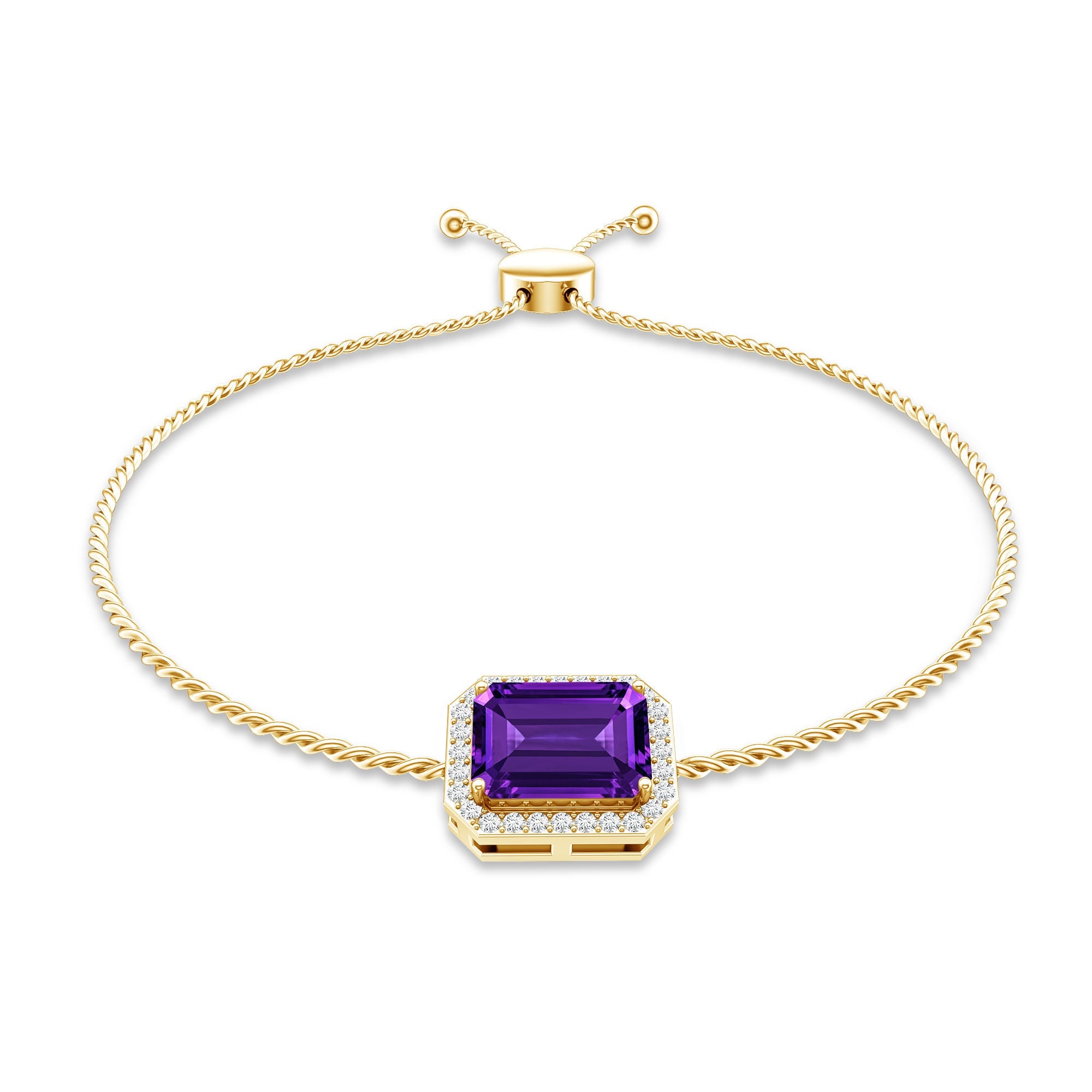 Natural 1.4 Carat Emerald Cut Amethyst Diamond Bolo Bracelet