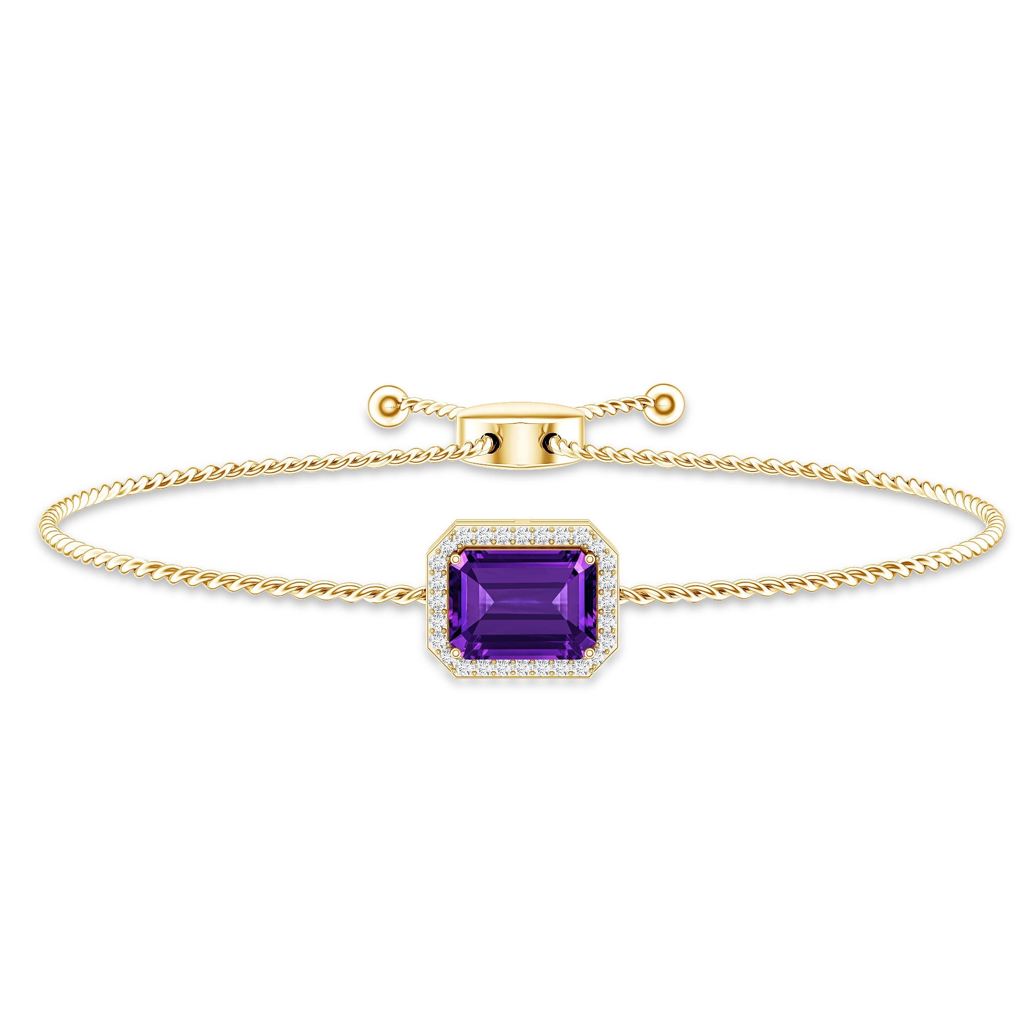 Natural 1.4 Carat Emerald Cut Amethyst Diamond Bolo Bracelet