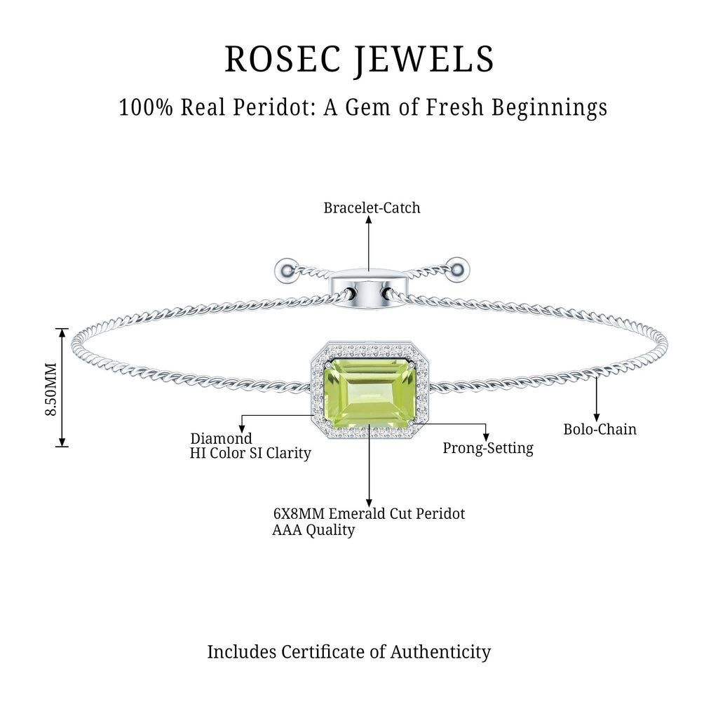 1.8 Carat Emerald Cut Peridot and Diamond Bolo Chain Bracelet