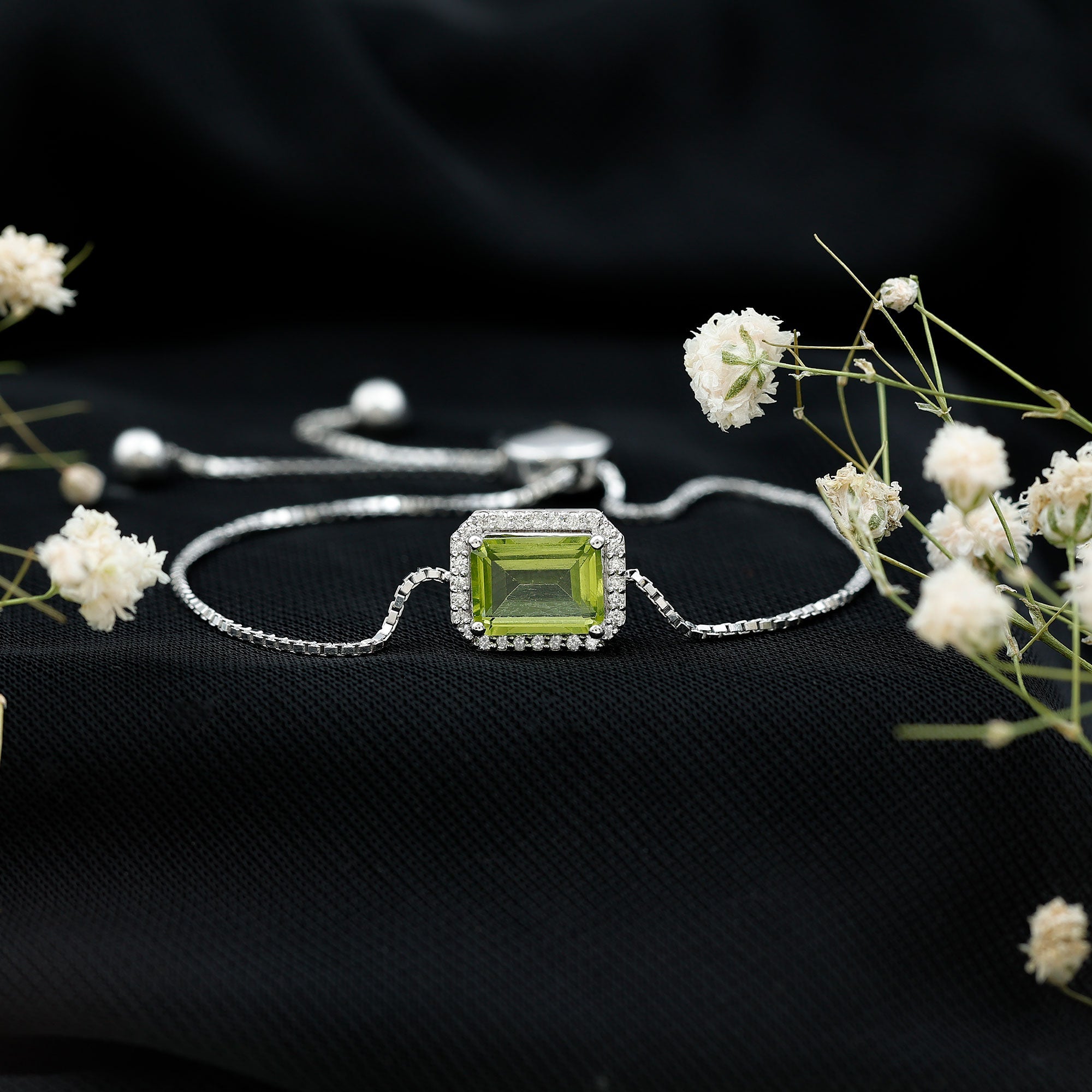 1.8 Carat Emerald Cut Peridot and Diamond Bolo Chain Bracelet