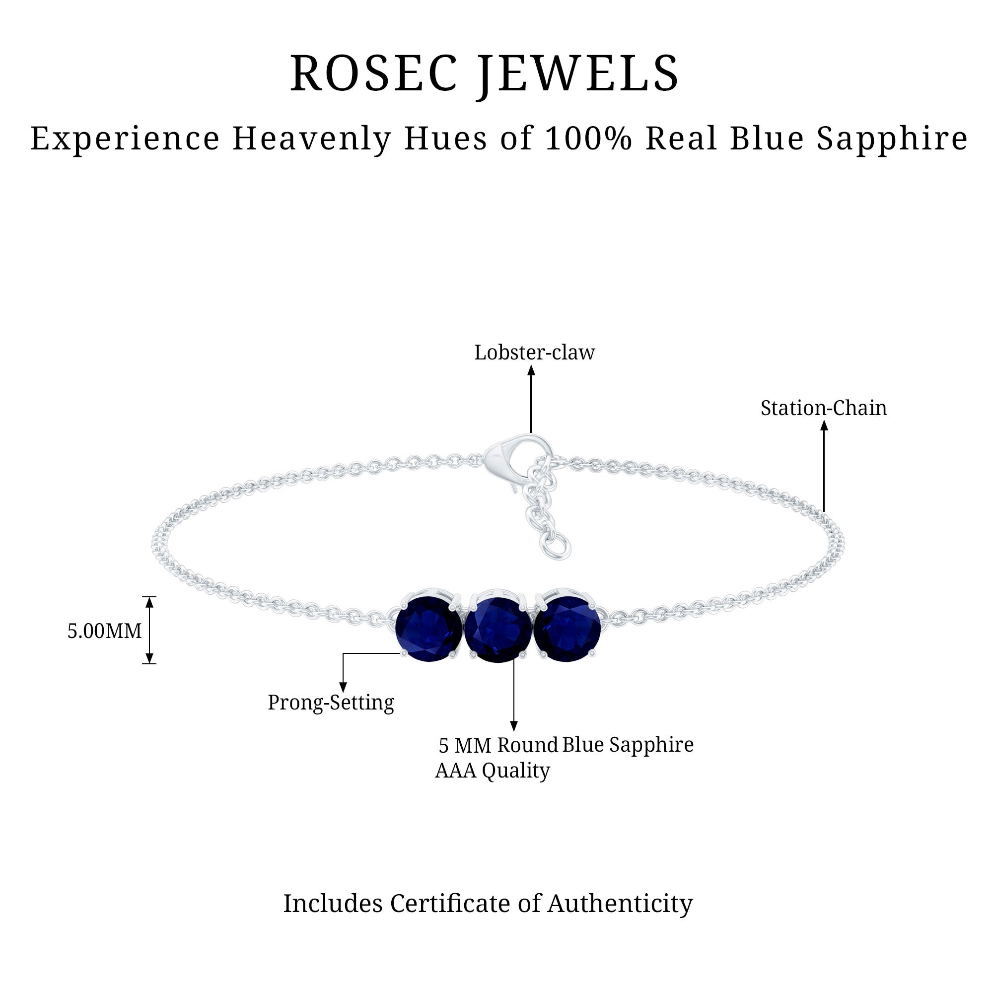 Natural Blue Sapphire Three Stone Chain Bracelet