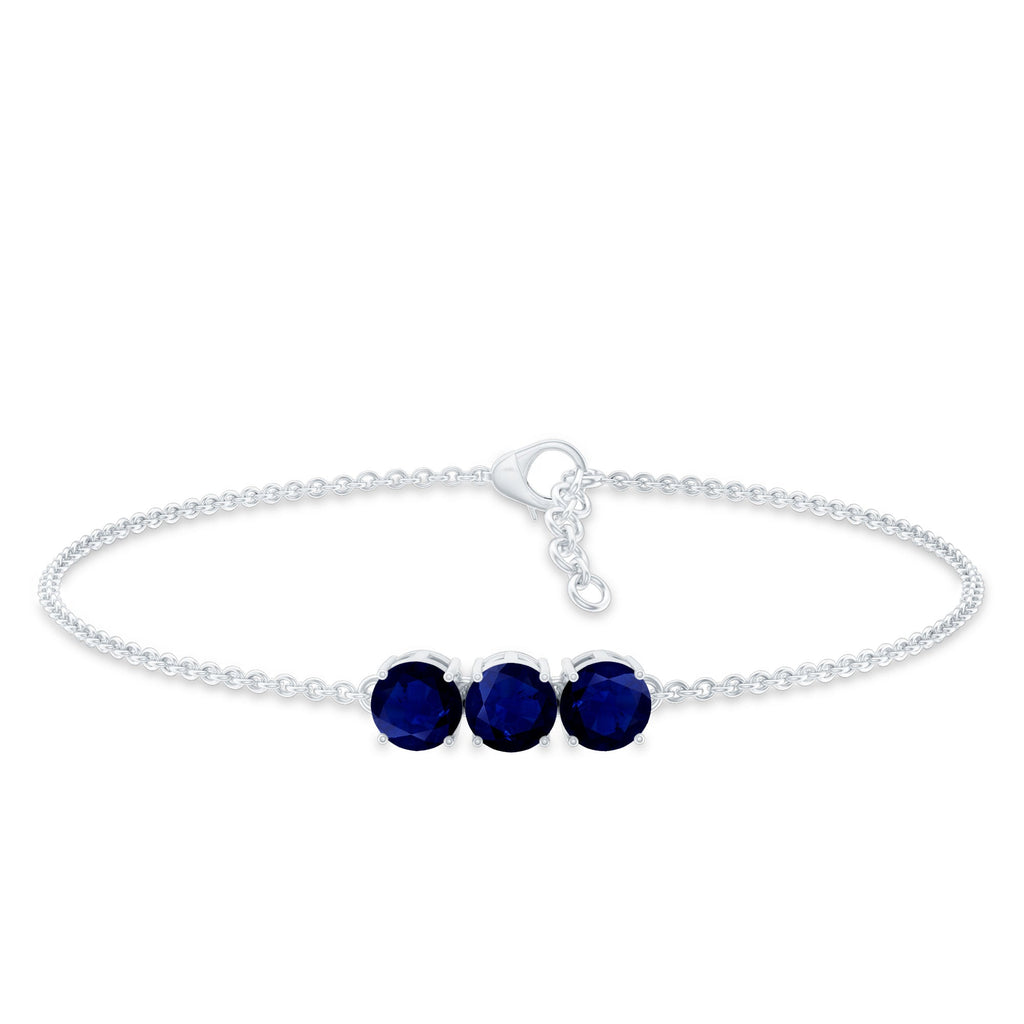 Natural Blue Sapphire Three Stone Chain Bracelet