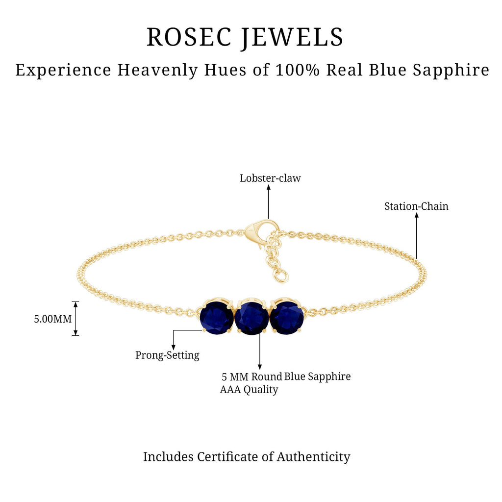 Natural Blue Sapphire Three Stone Chain Bracelet