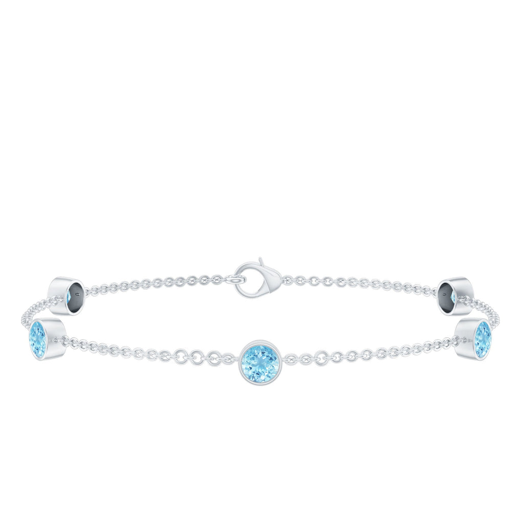 Real Aquamarine Station Chain Bracelet in Bezel Setting