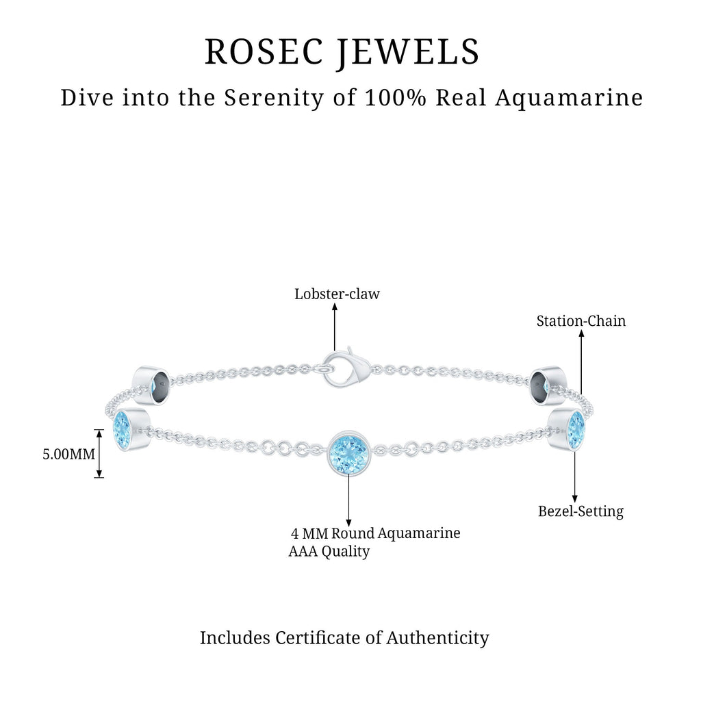Real Aquamarine Station Chain Bracelet in Bezel Setting